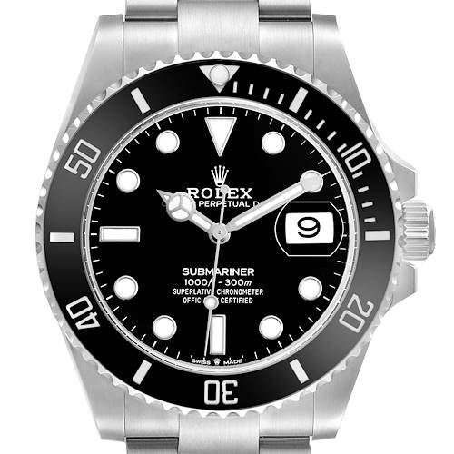 The Rolex Submariner 126610LN Men's Stainless Steel Black Dial watch is shown from a front view, highlighting the dial, bezel, hands, and crown.