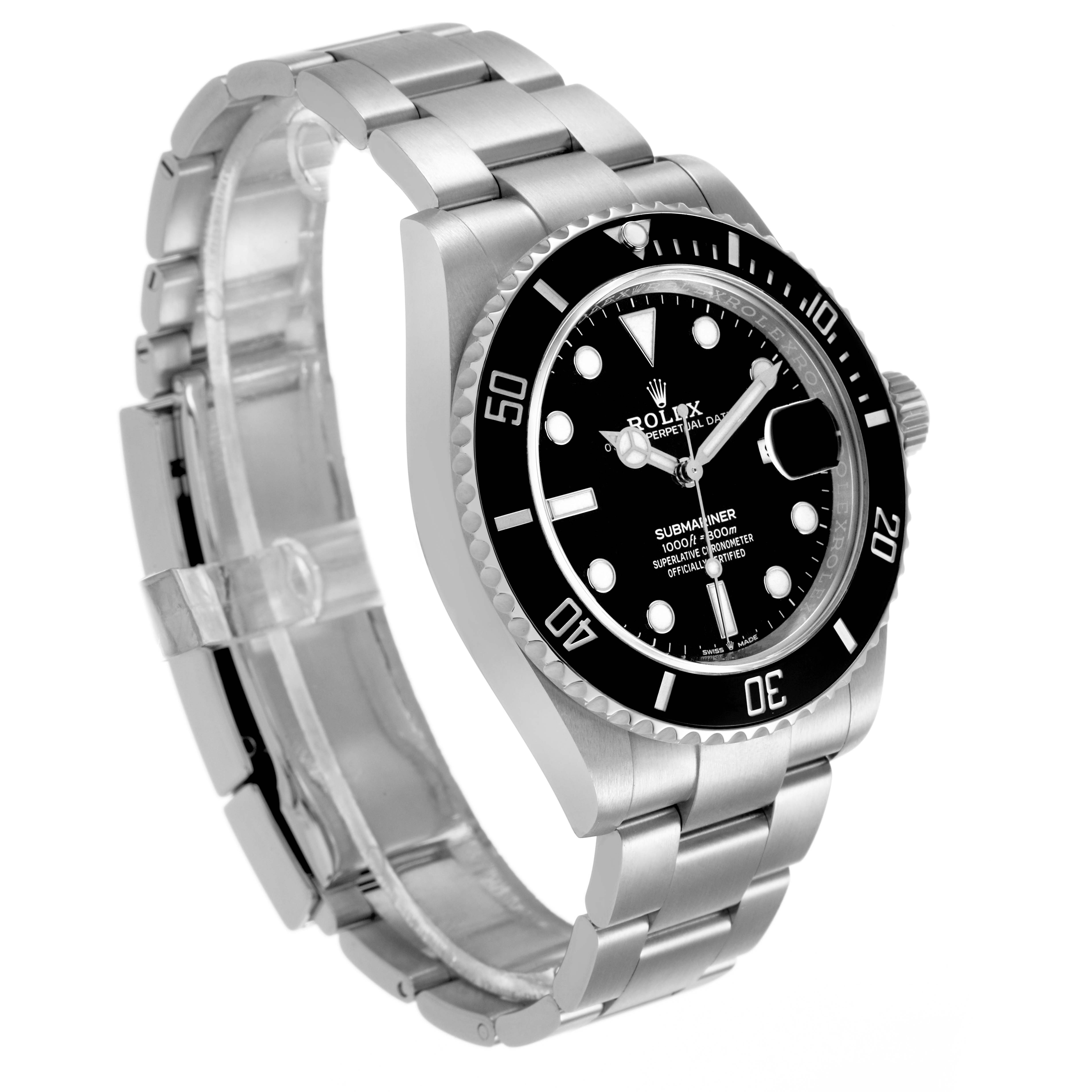 The Rolex Submariner 126610LN Men's Stainless Steel Black Dial watch is shown at an angle displaying the face, bezel, case, and bracelet, highlighting its design details.