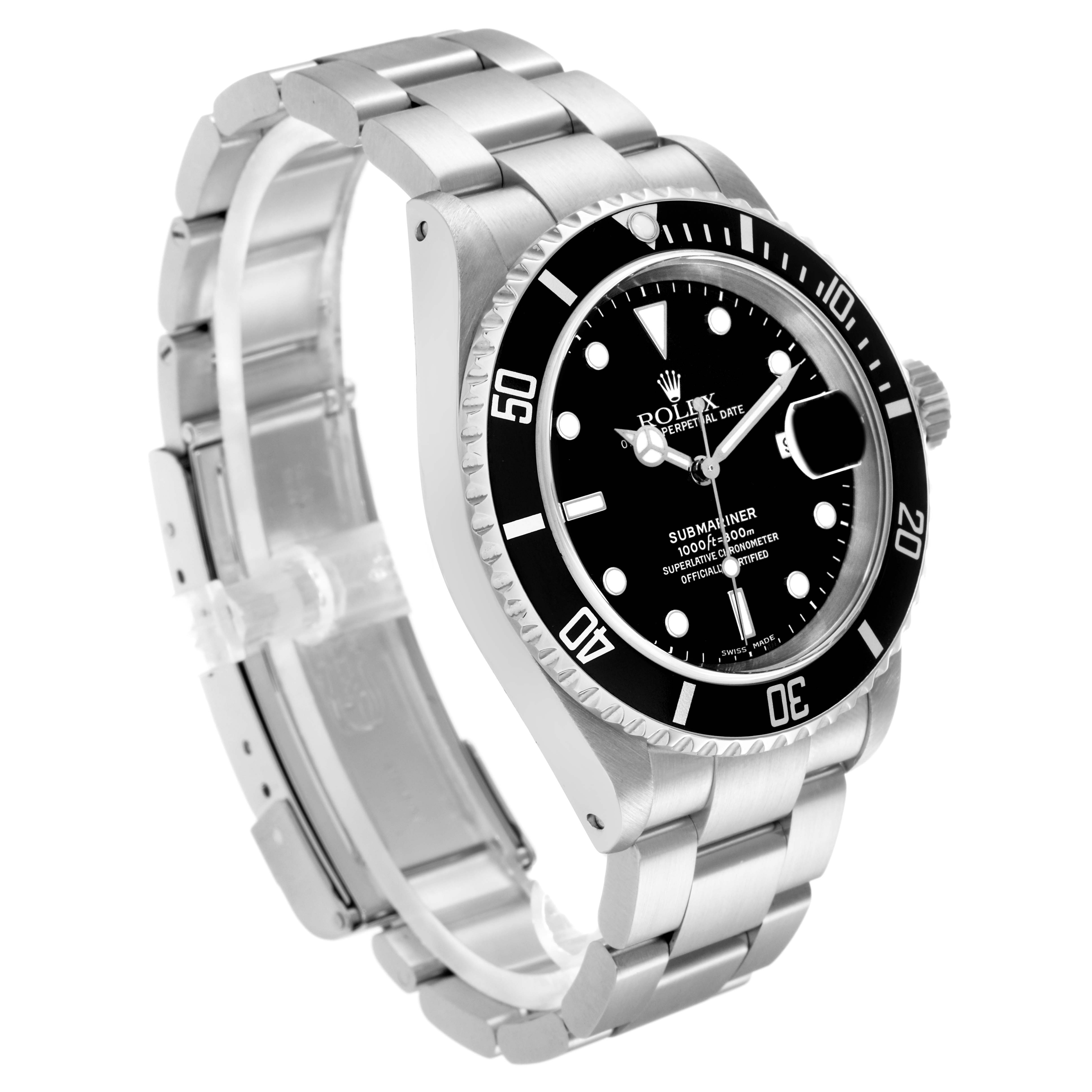 The Rolex Submariner model 16610 is shown at a three-quarter view, displaying its face, bezel, crown, and part of the bracelet.