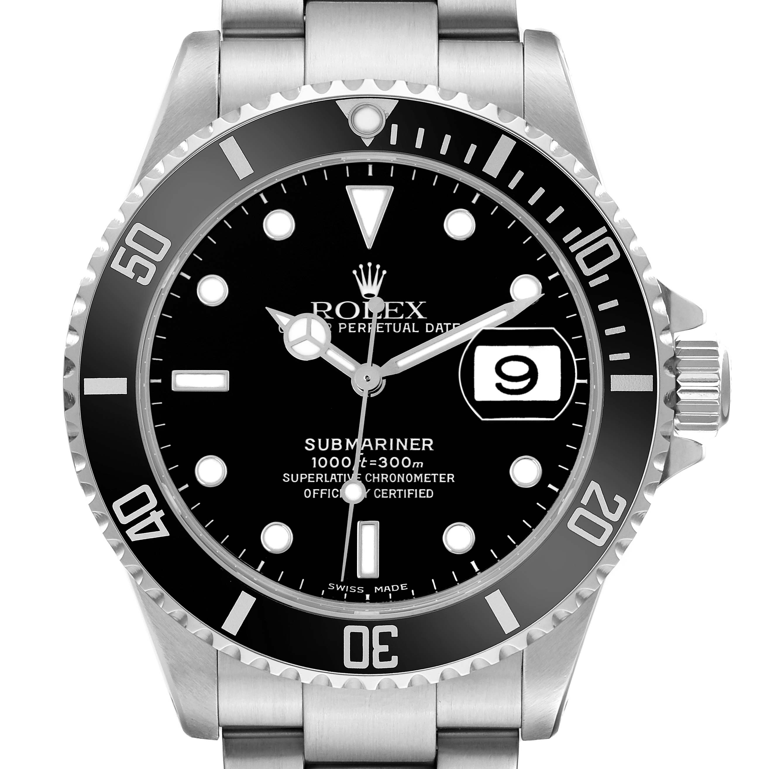 The Rolex Submariner model 16610 is shown from a head-on angle, displaying the black dial, bezel, markers, and date window prominently.