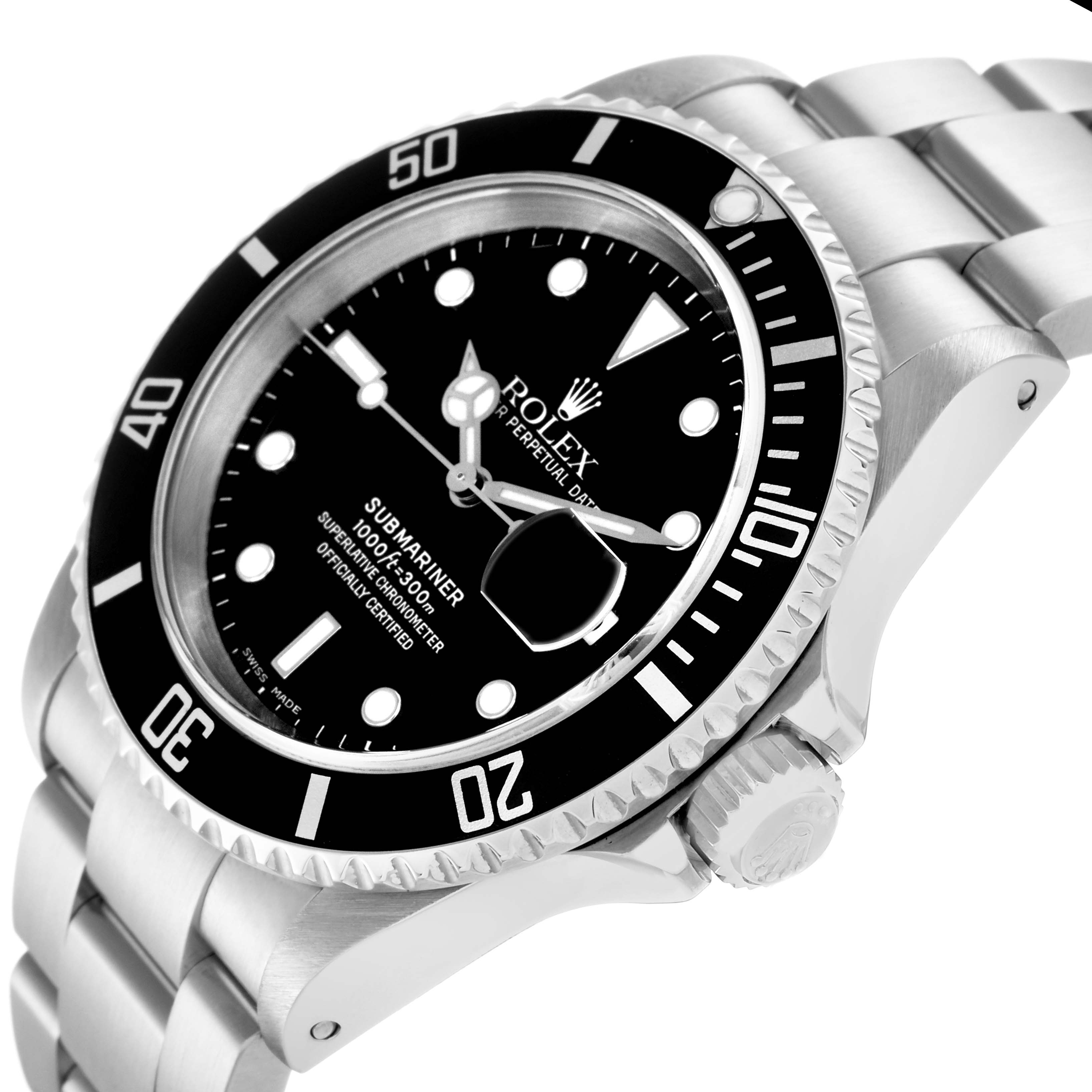 The image shows a Rolex Submariner model 16610 at a tilted angle, highlighting the bezel, dial, crown, and a portion of the bracelet.