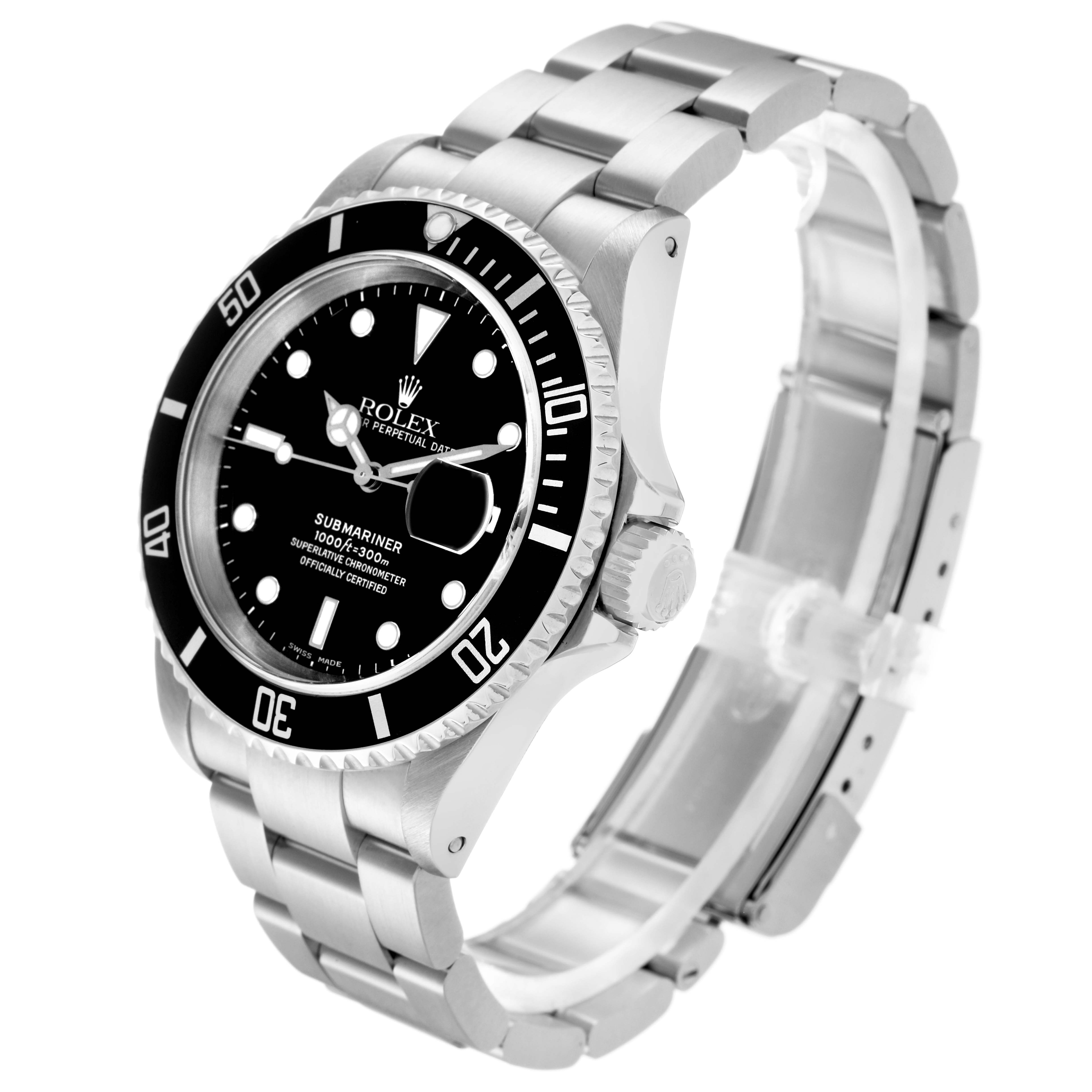 The Rolex Submariner model 16610 is shown at a three-quarter angle highlighting the watch face, bezel, crown, and bracelet.
