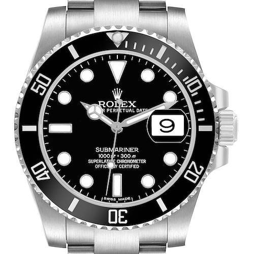 The Rolex Submariner M116610LN-0001 Men's Stainless Steel Black Dial watch is shown from the front, highlighting its bezel, dial, and bracelet.