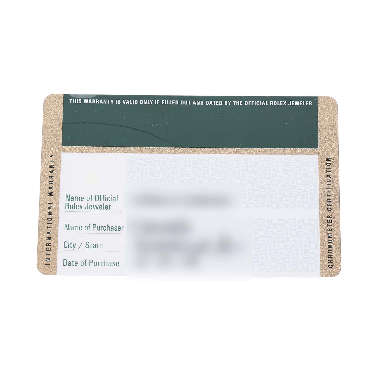 The image shows an International Warranty card for a Rolex Submariner M116610LN-0001 Men's Stainless Steel Black Dial, with fields for retailer and purchase details.