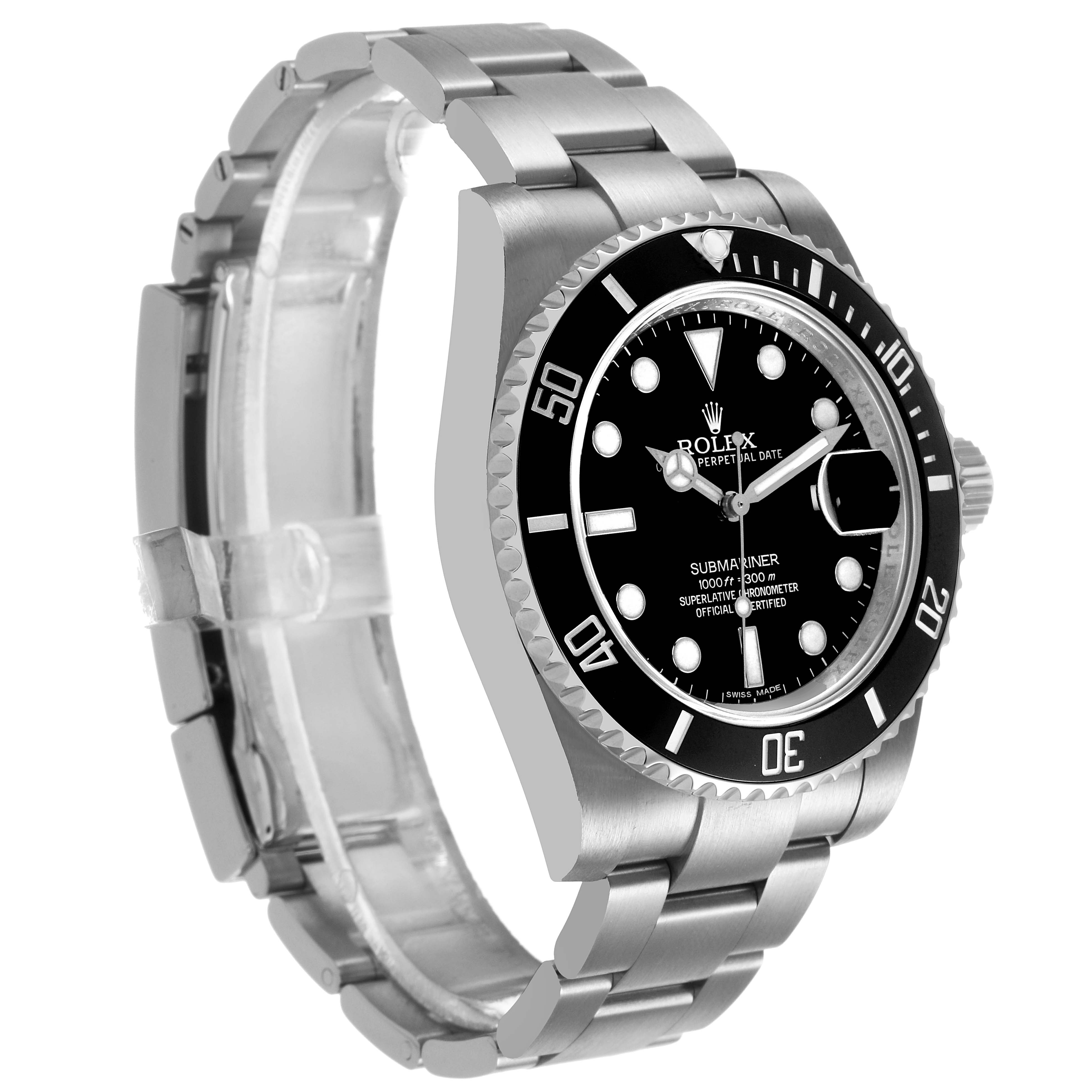 The Rolex Submariner M116610LN-0001 Men's Stainless Steel Black Dial watch is shown at an oblique angle, highlighting the face, bezel, and bracelet.