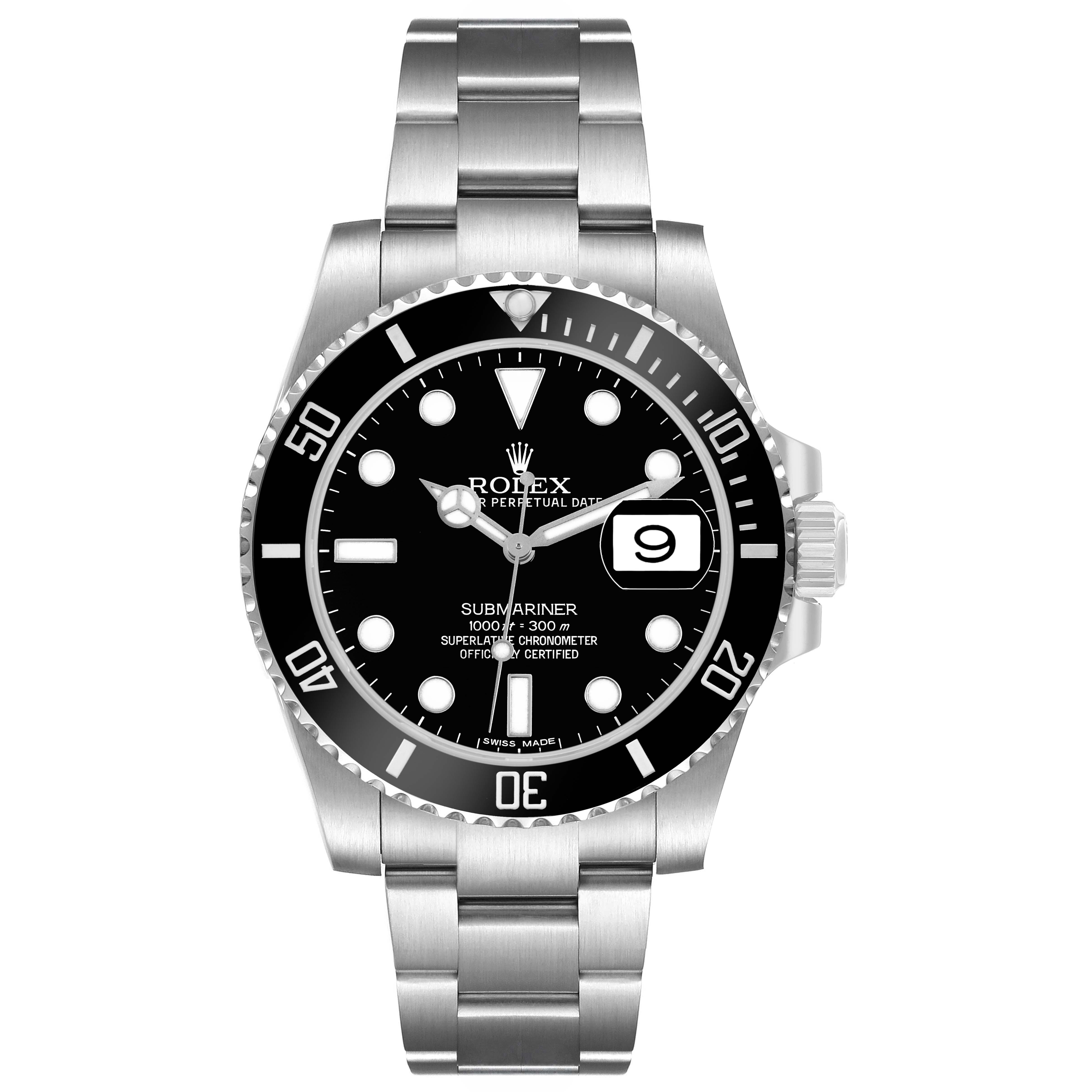 The Rolex Submariner M116610LN-0001 Men's Stainless Steel Black Dial watch is shown from a straight-on angle, displaying its dial, bezel, and bracelet.
