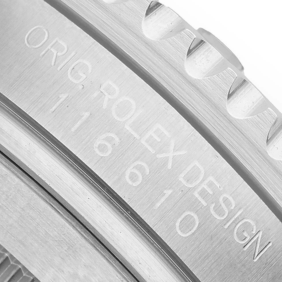 The image shows a close-up of the side case of a Rolex Submariner M116610LN-0001 Men's Stainless Steel Black Dial, highlighting the engraved model number.