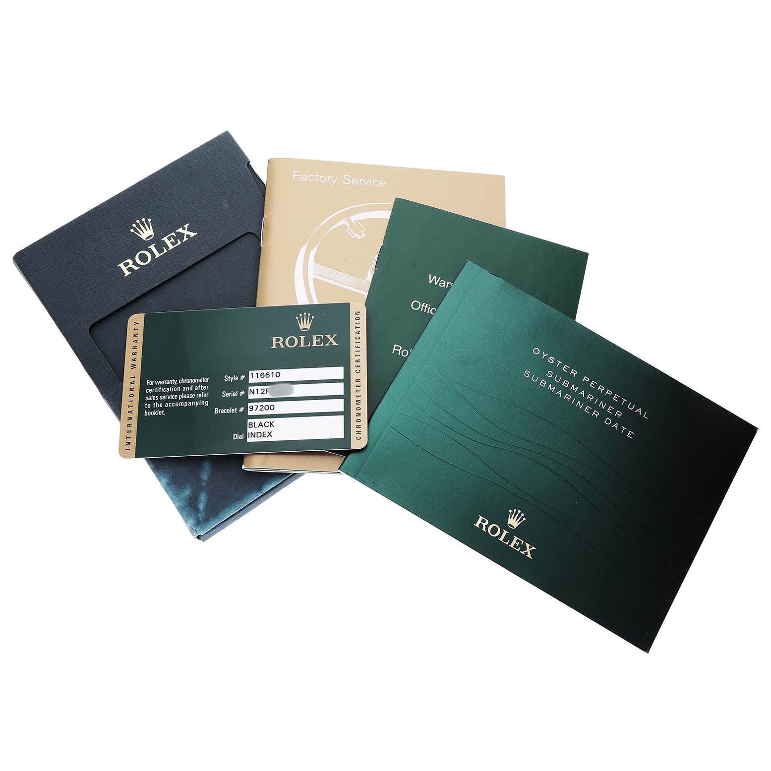 The image shows a collection of Rolex Submariner M116610LN-0001 Men's Stainless Steel Black Dial accessories, including a warranty card and booklets, displayed from above.