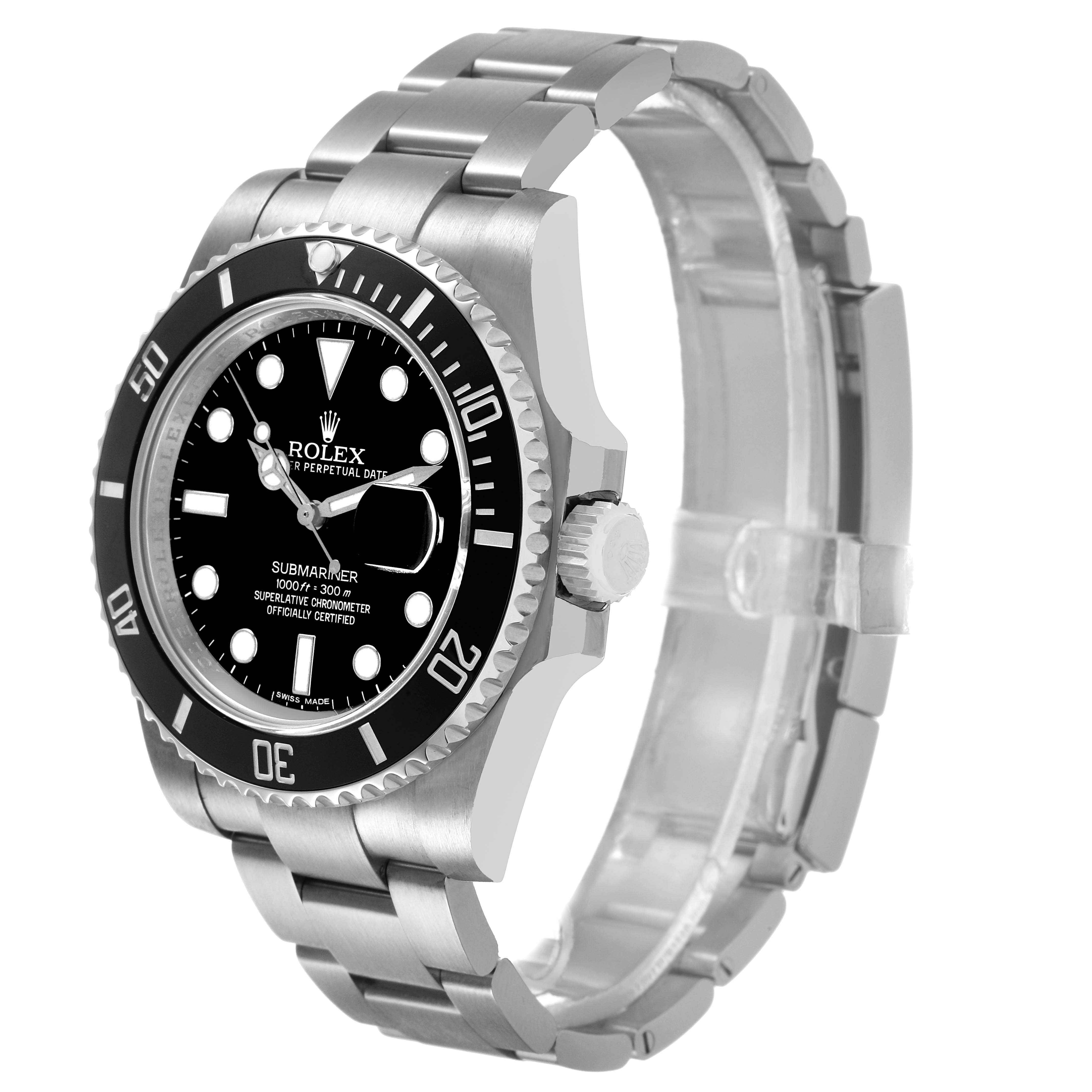 The Rolex Submariner M116610LN-0001 Men's Stainless Steel Black Dial watch is shown from a front-side angle, highlighting the bezel, dial, and metal bracelet.