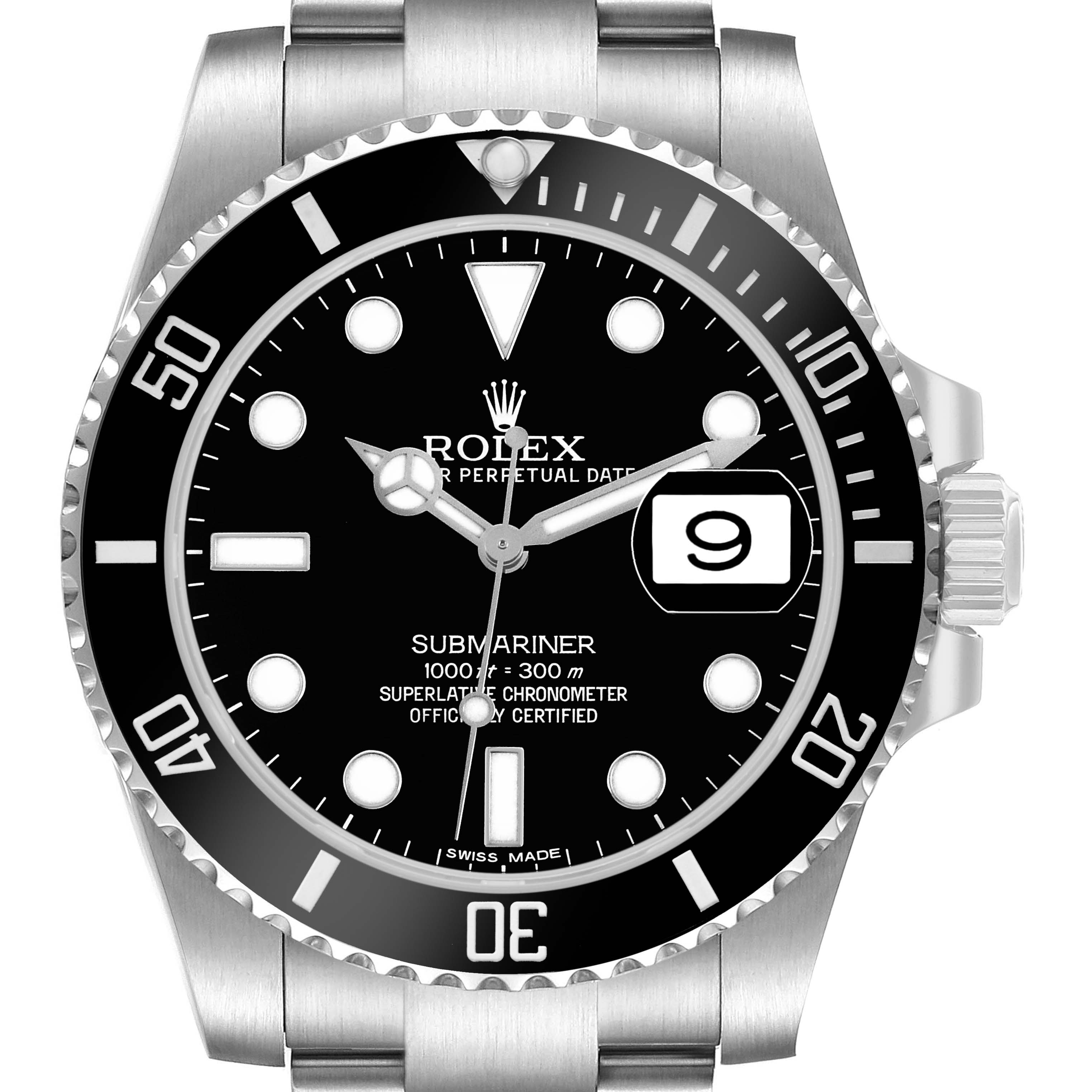 The image shows a front view of a Rolex Submariner M116610LN-0001 Men's Stainless Steel Black Dial watch, highlighting the dial, bezel, crown, and bracelet.