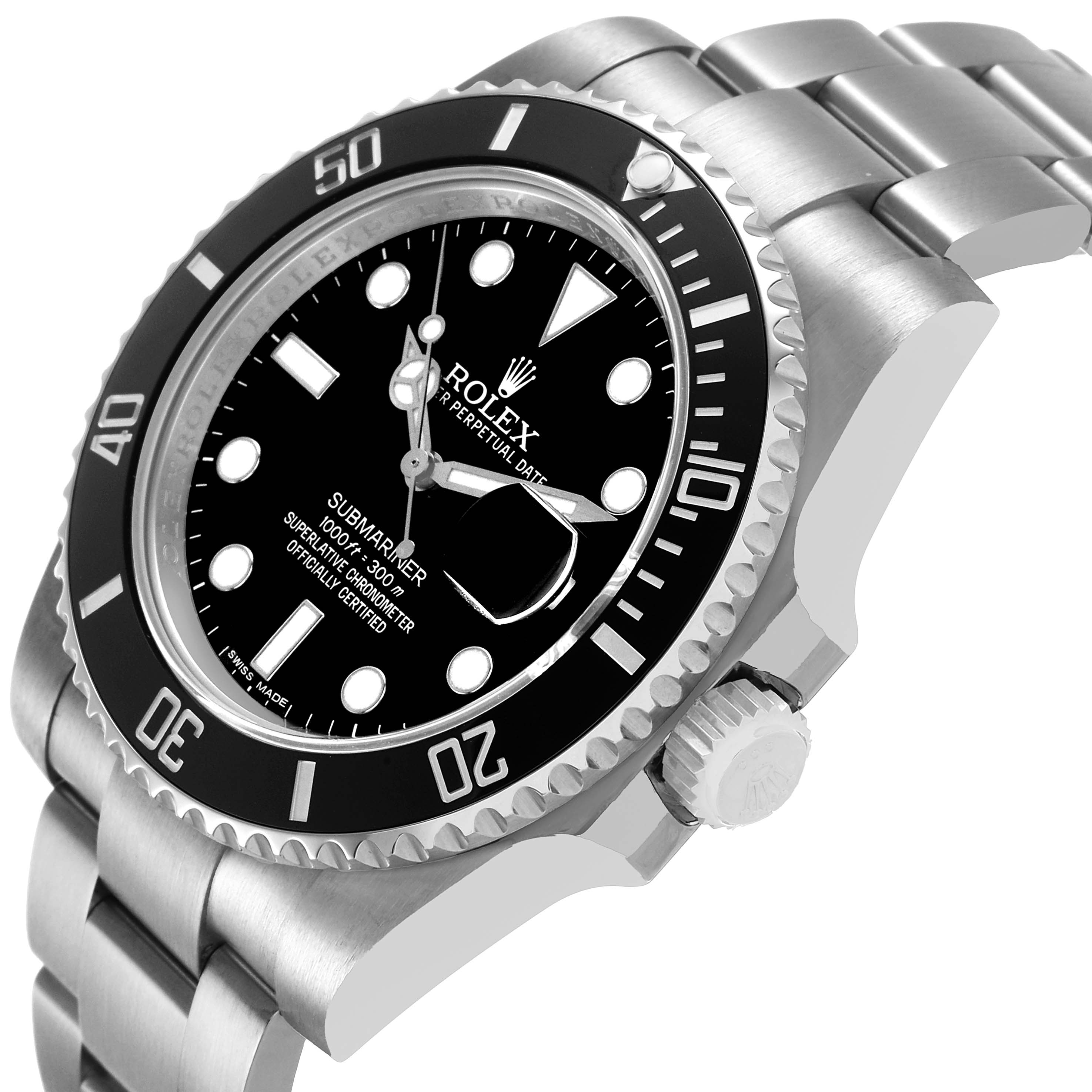 The Rolex Submariner M116610LN-0001 Men's Stainless Steel Black Dial watch is shown at an angled view highlighting its dial, bezel, crown, and bracelet.