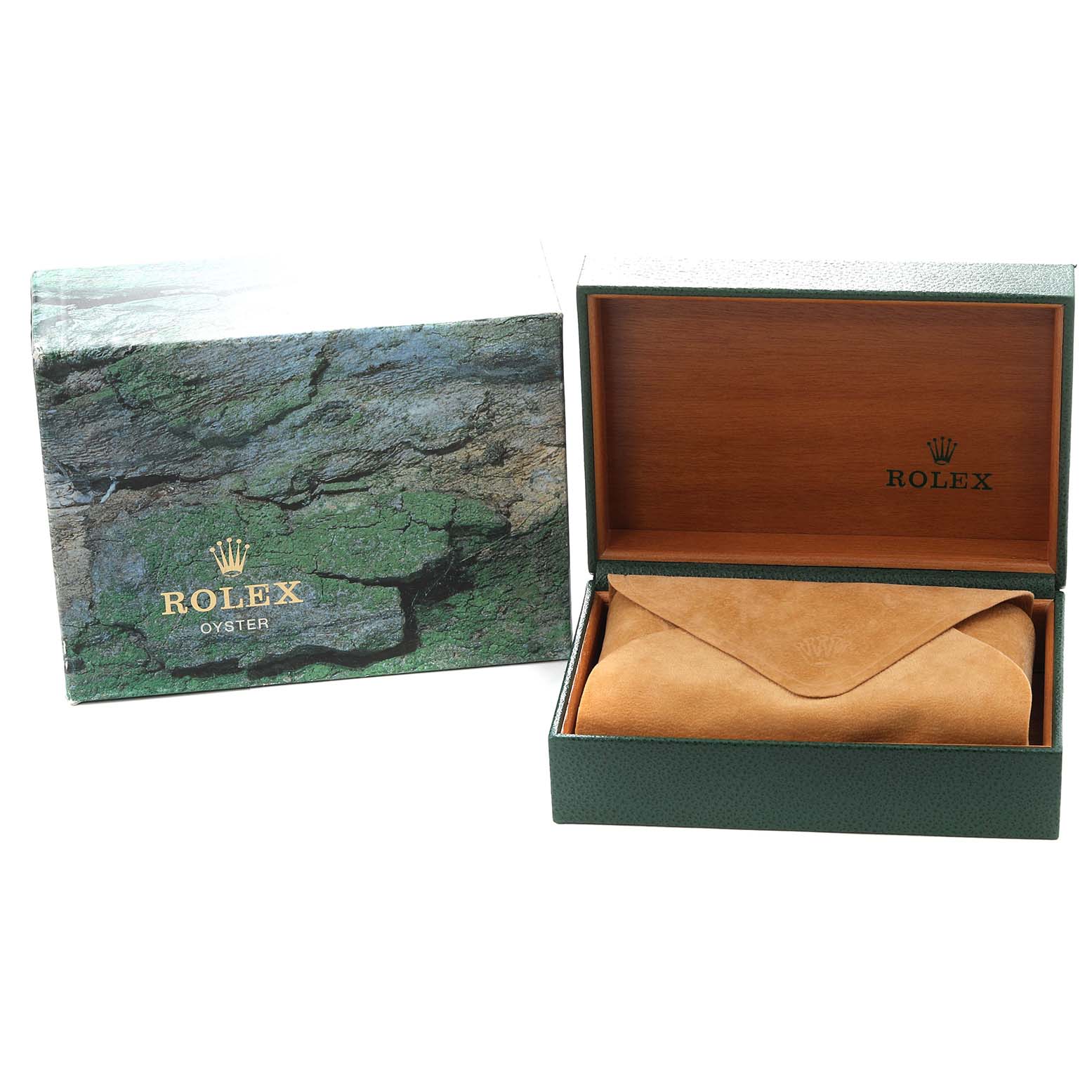 The image shows the packaging for a Rolex Submariner model 14060 men's watch, including the outer box and the inner box with a pouch.