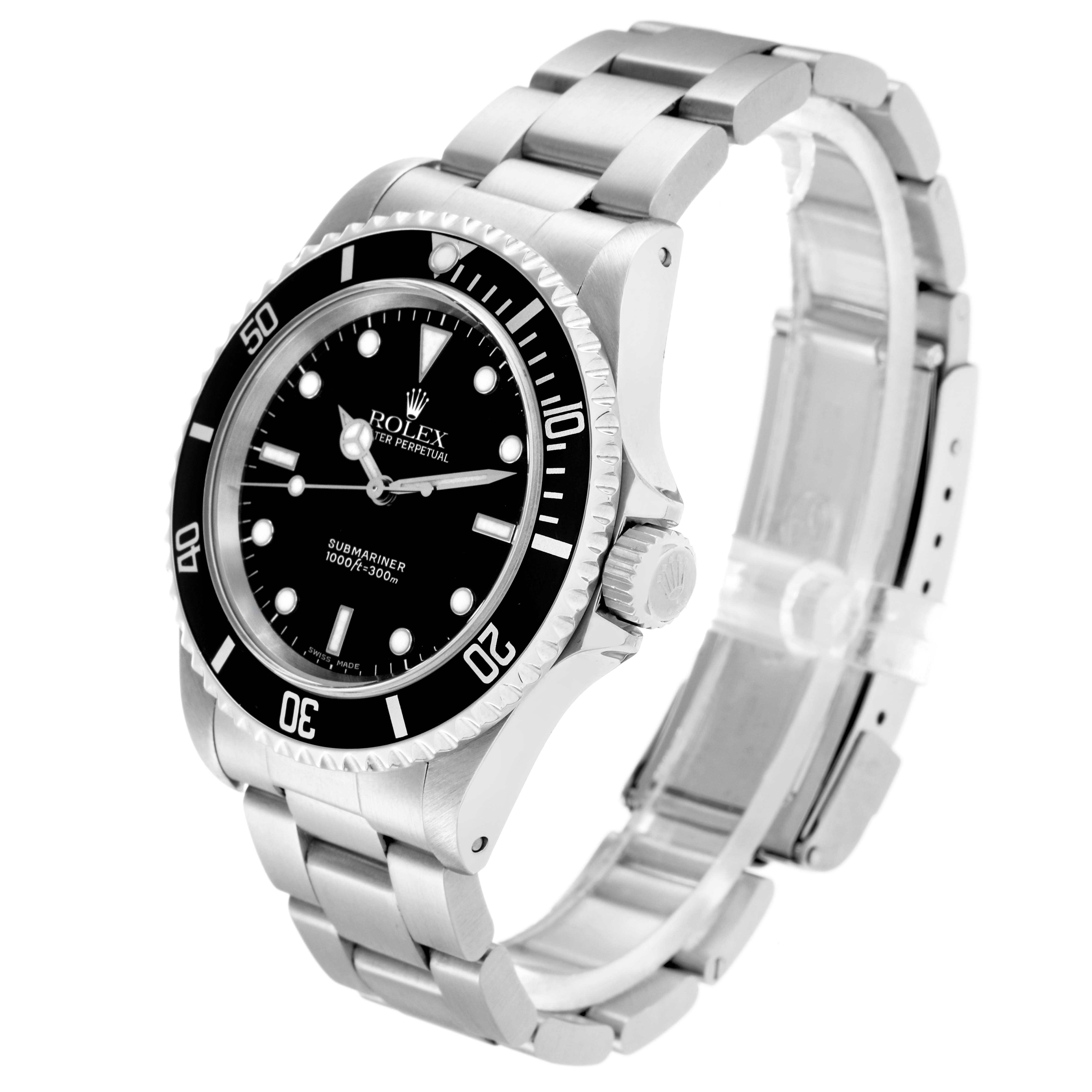 The Rolex Submariner model 14060 men's watch is shown at a three-quarter angle, highlighting the dial, bezel, crown, and bracelet.