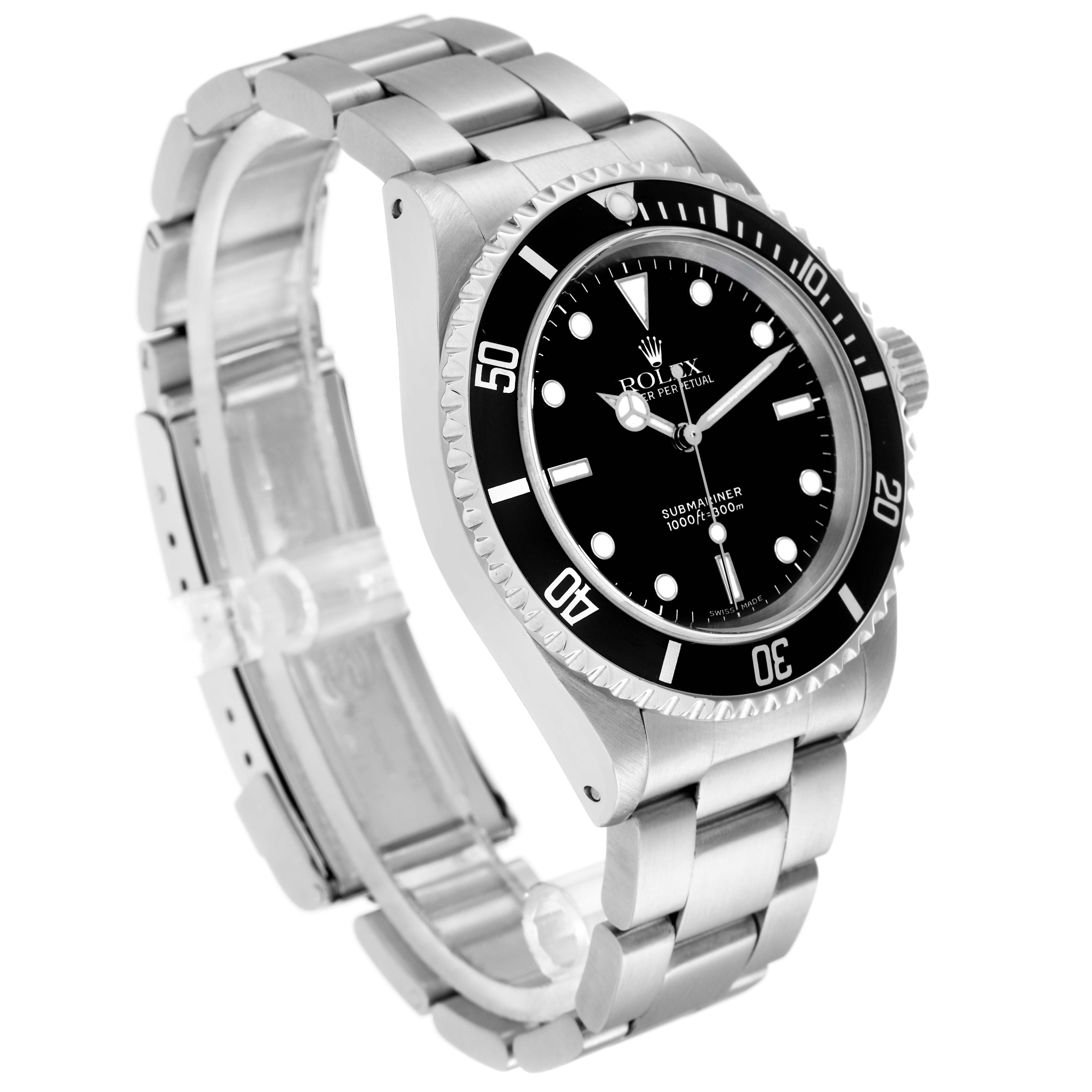 The Rolex Submariner model 14060 is shown at a three-quarter angle displaying the face, bezel, case, and bracelet.
