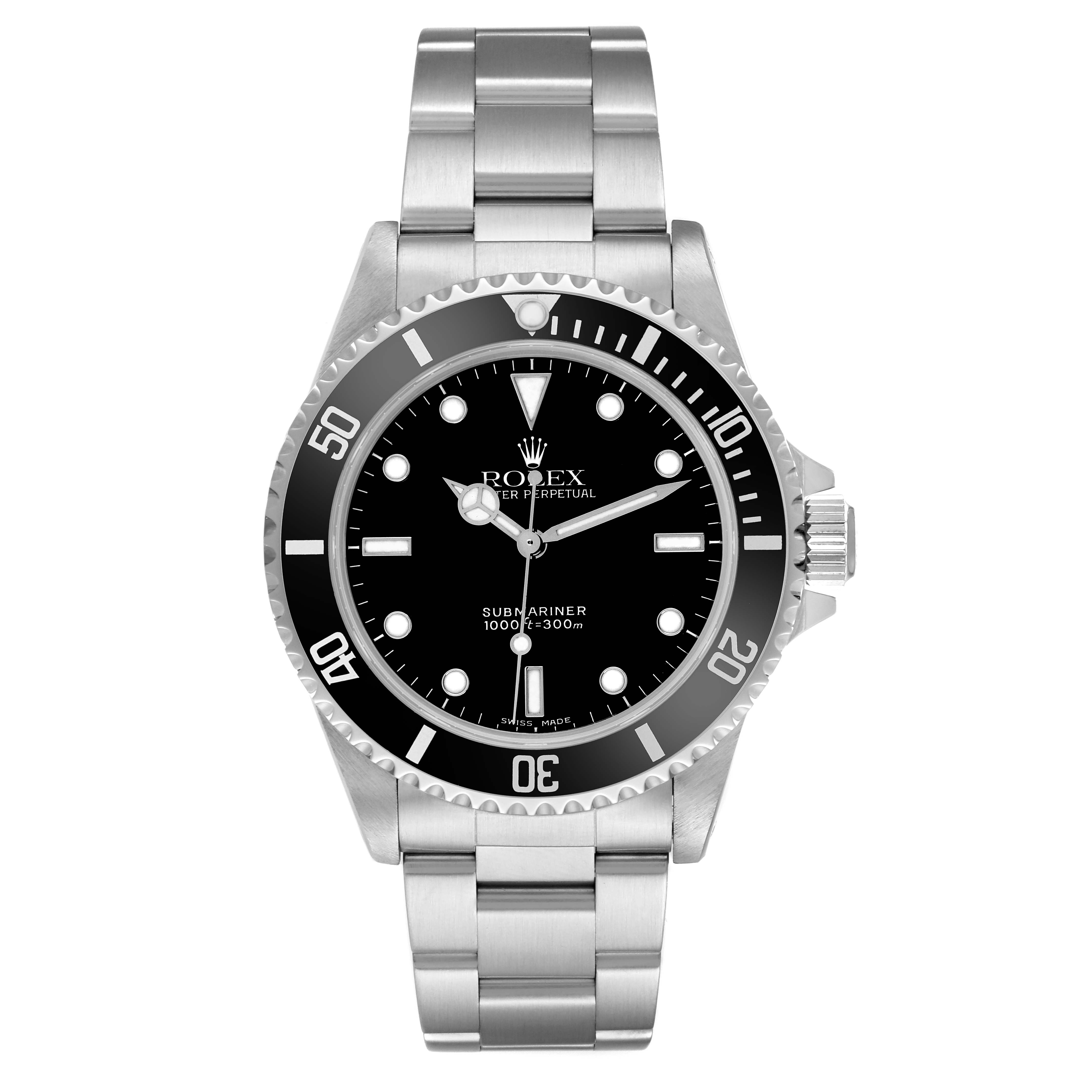 The Rolex Submariner model 14060 is shown from a front angle, displaying the full watch face, bezel, bracelet, and crown.