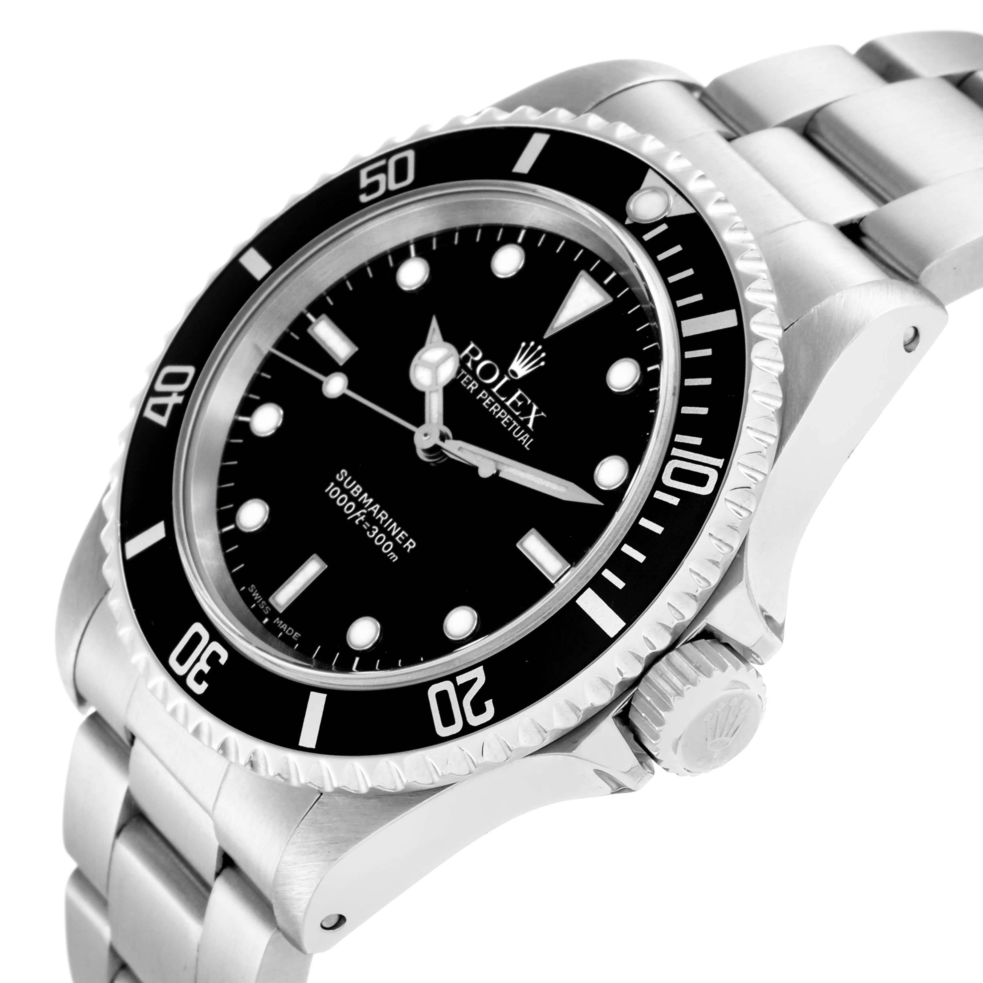 The image shows a Rolex Submariner model 14060 men's watch from an angled side view, highlighting the dial, bezel, crown, and stainless steel bracelet.