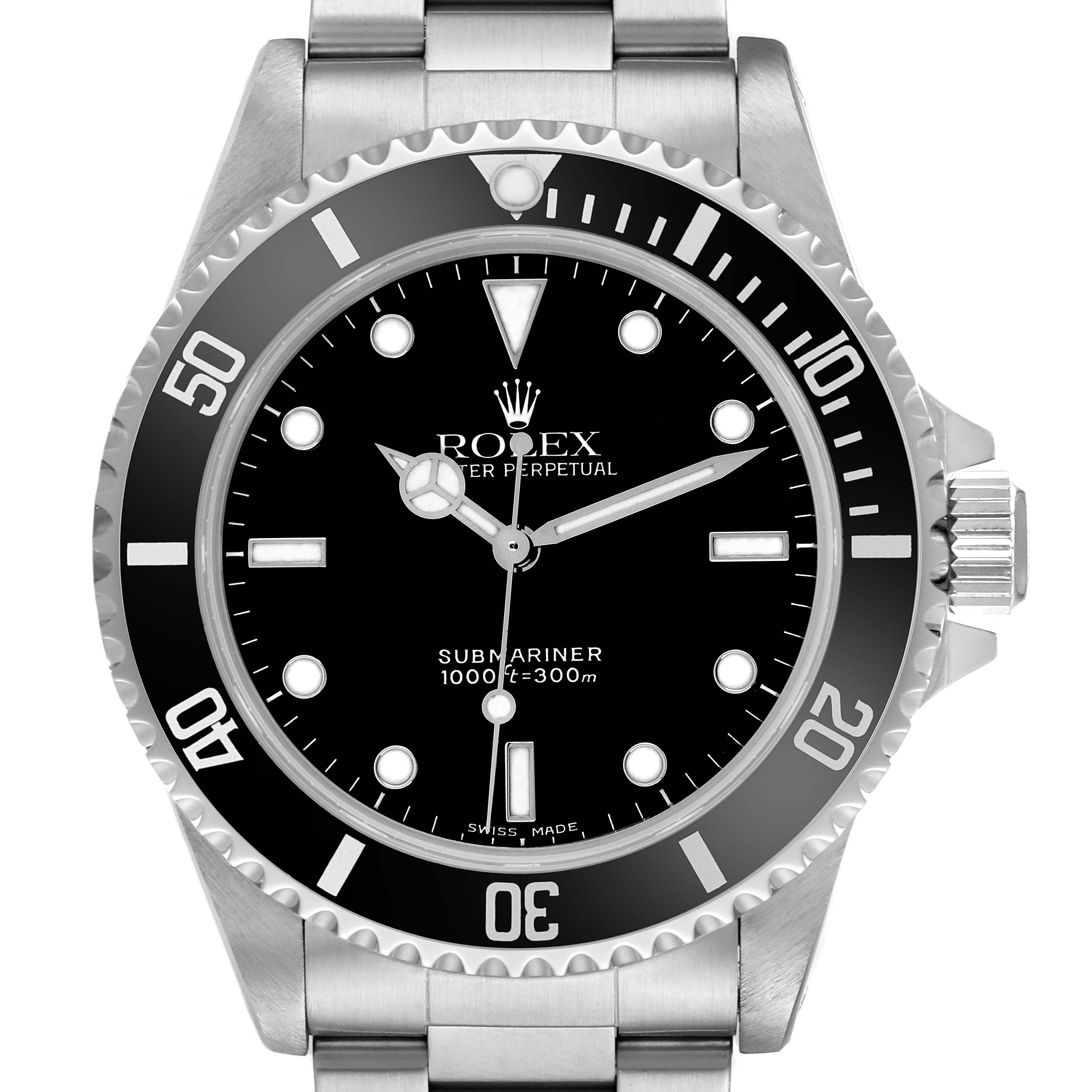 The image shows a front view of a Rolex Submariner model 14060, displaying the watch face, bezel, crown, and part of the stainless steel bracelet.