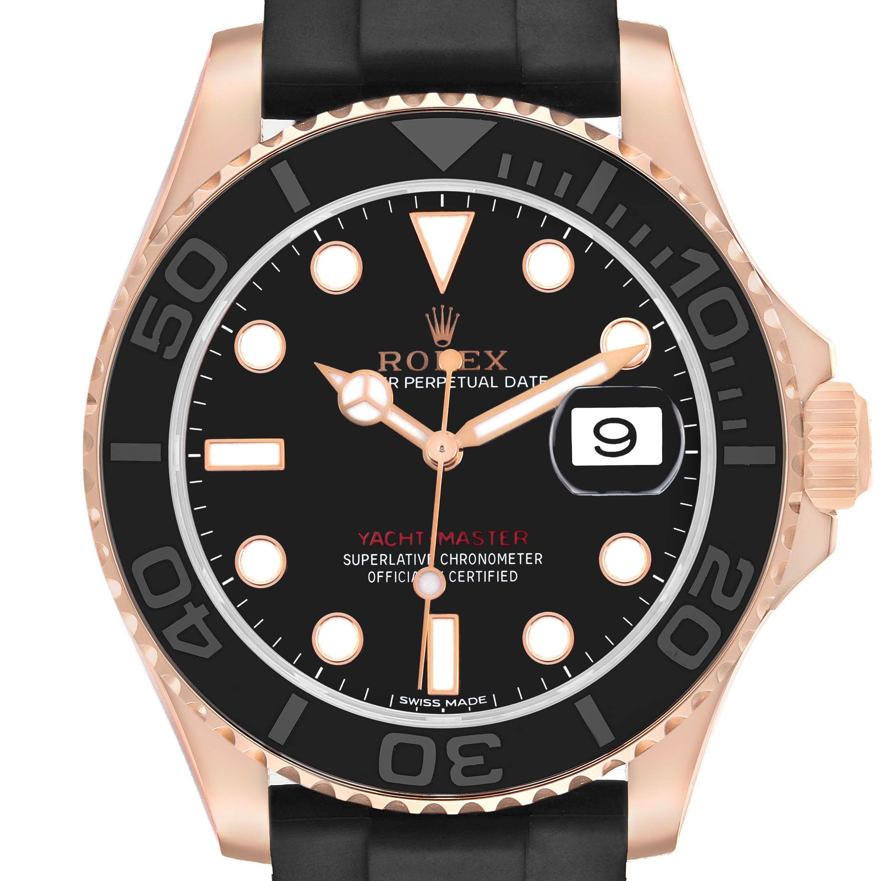 The Rolex Yacht-Master 116655 Men's Rose Gold Black Dial watch is shown from the front, highlighting its black dial, bezel, and date display.