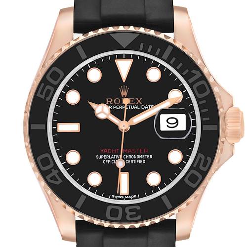 The Rolex Yacht-Master 116655 Men's Rose Gold Black Dial watch is shown from a front angle, highlighting its face, bezel, and part of the strap.