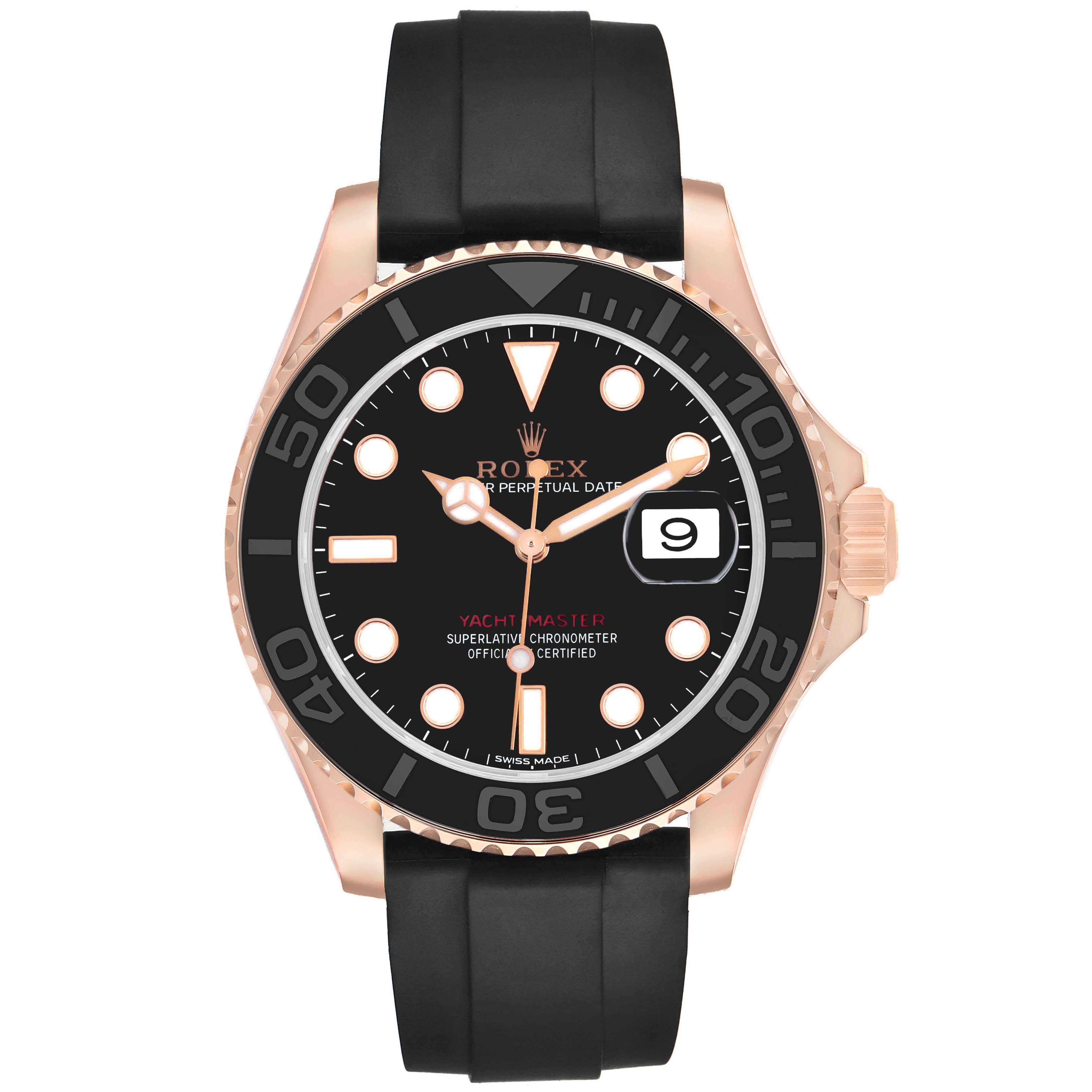 The Rolex Yacht-Master 116655 Men's Rose Gold Black Dial watch is shown from the front, highlighting the bezel, dial, hands, and strap.