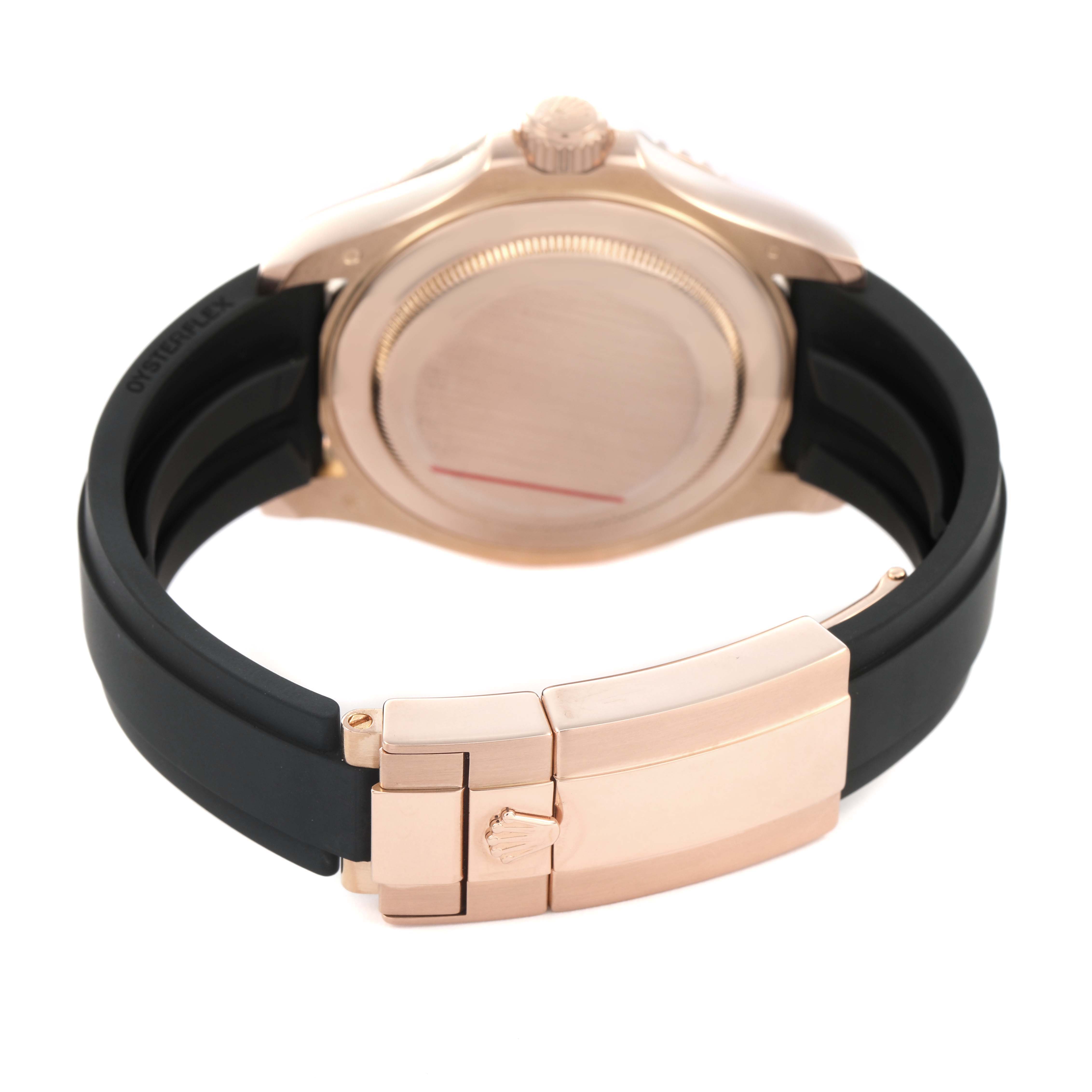 The image shows the back and clasp of a Rolex Yacht-Master 116655 Men's Rose Gold Black Dial, focusing on the case back and strap.