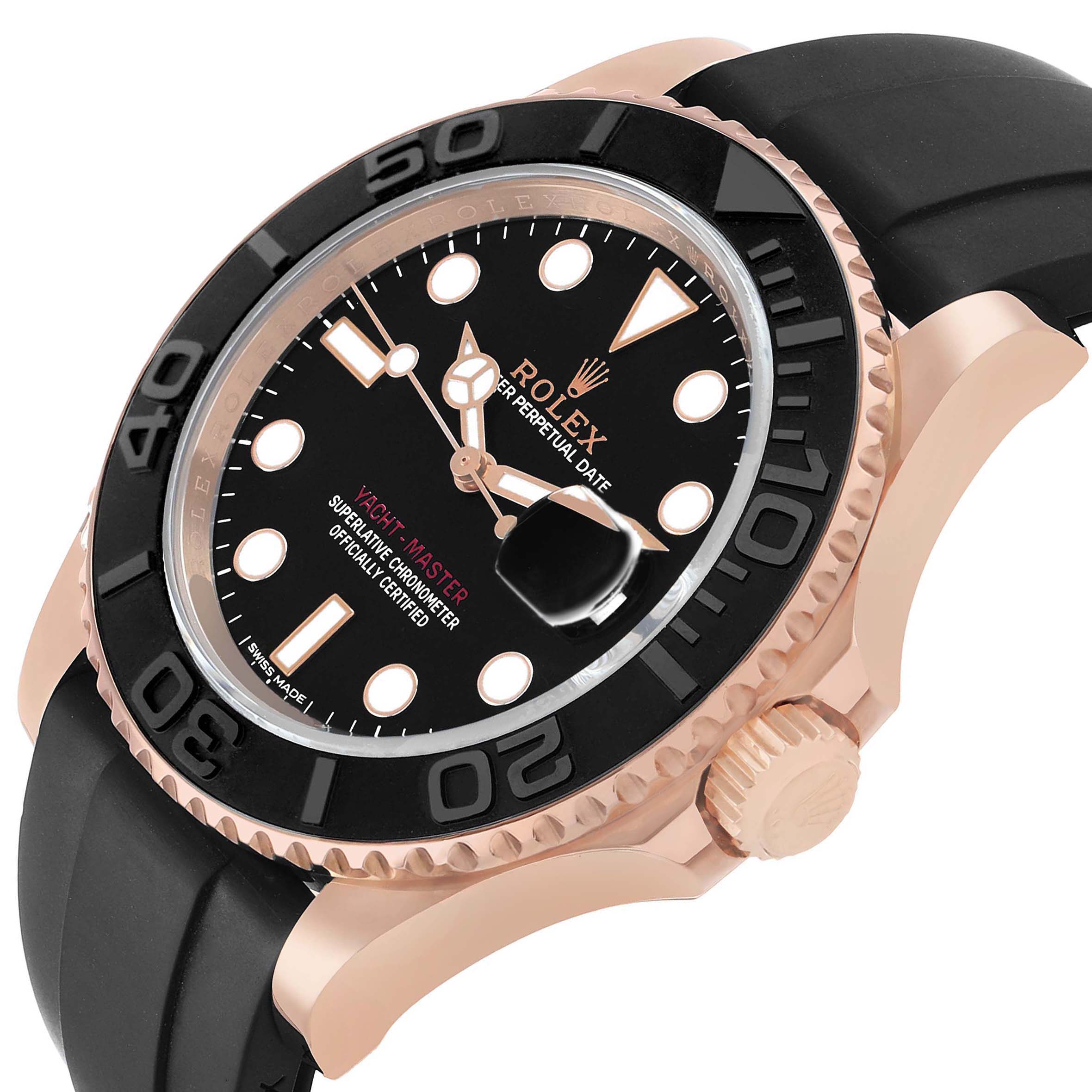 The Rolex Yacht-Master 116655 Men's Rose Gold Black Dial watch is shown at an angle, highlighting the face, bezel, crown, and rubber strap.