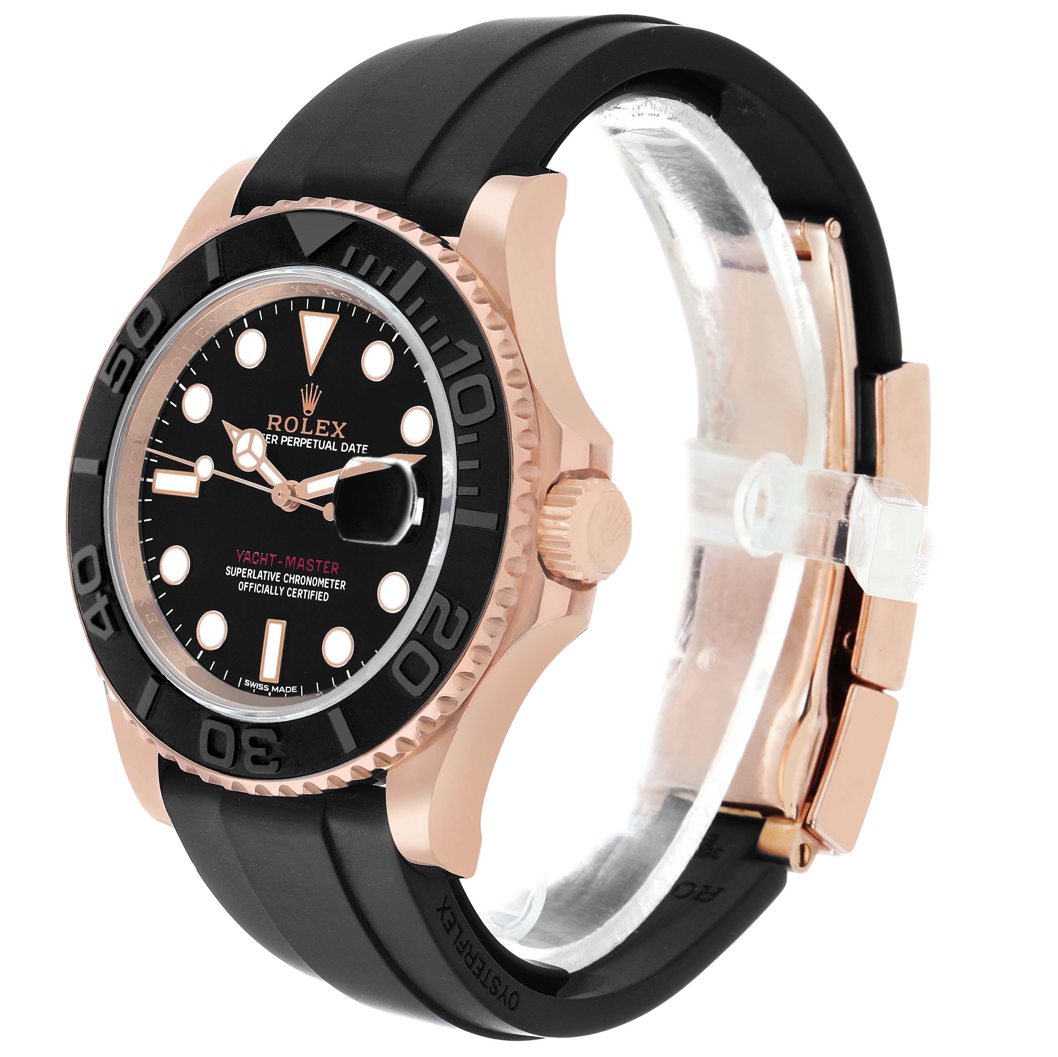 The Rolex Yacht-Master 116655 Men's Rose Gold Black Dial watch is shown from a side angle highlighting the bezel, crown, and strap.