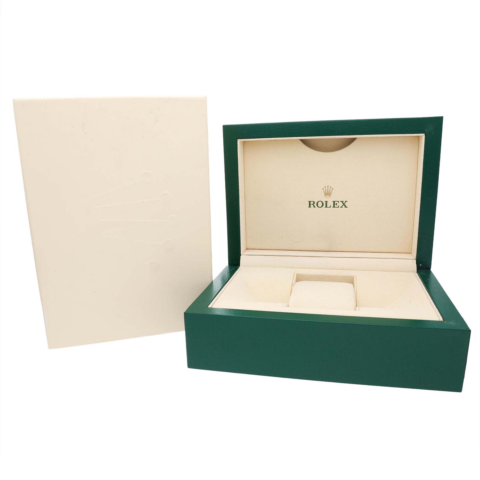 The image shows an open Rolex Yacht-Master 116655 Men's Rose Gold Black Dial watch box with a green exterior and cream interior, angled slightly to the right.