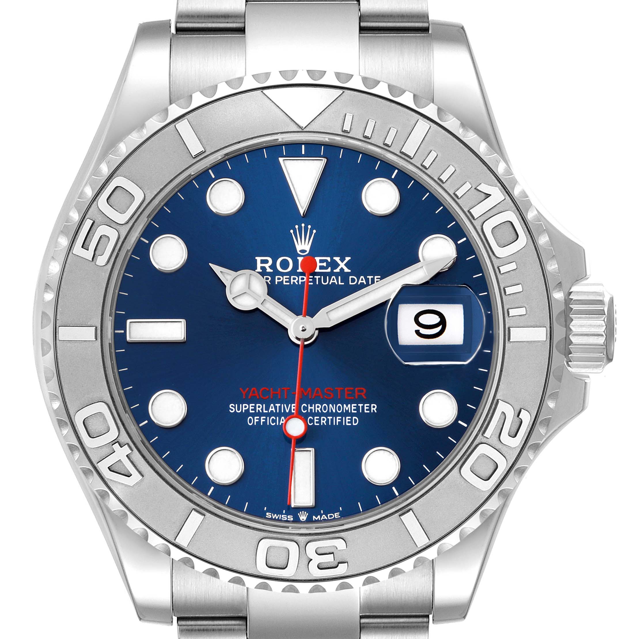 The Rolex Yacht-Master model 126622 is shown from the front, featuring its blue dial, date window, and stainless steel bezel.
