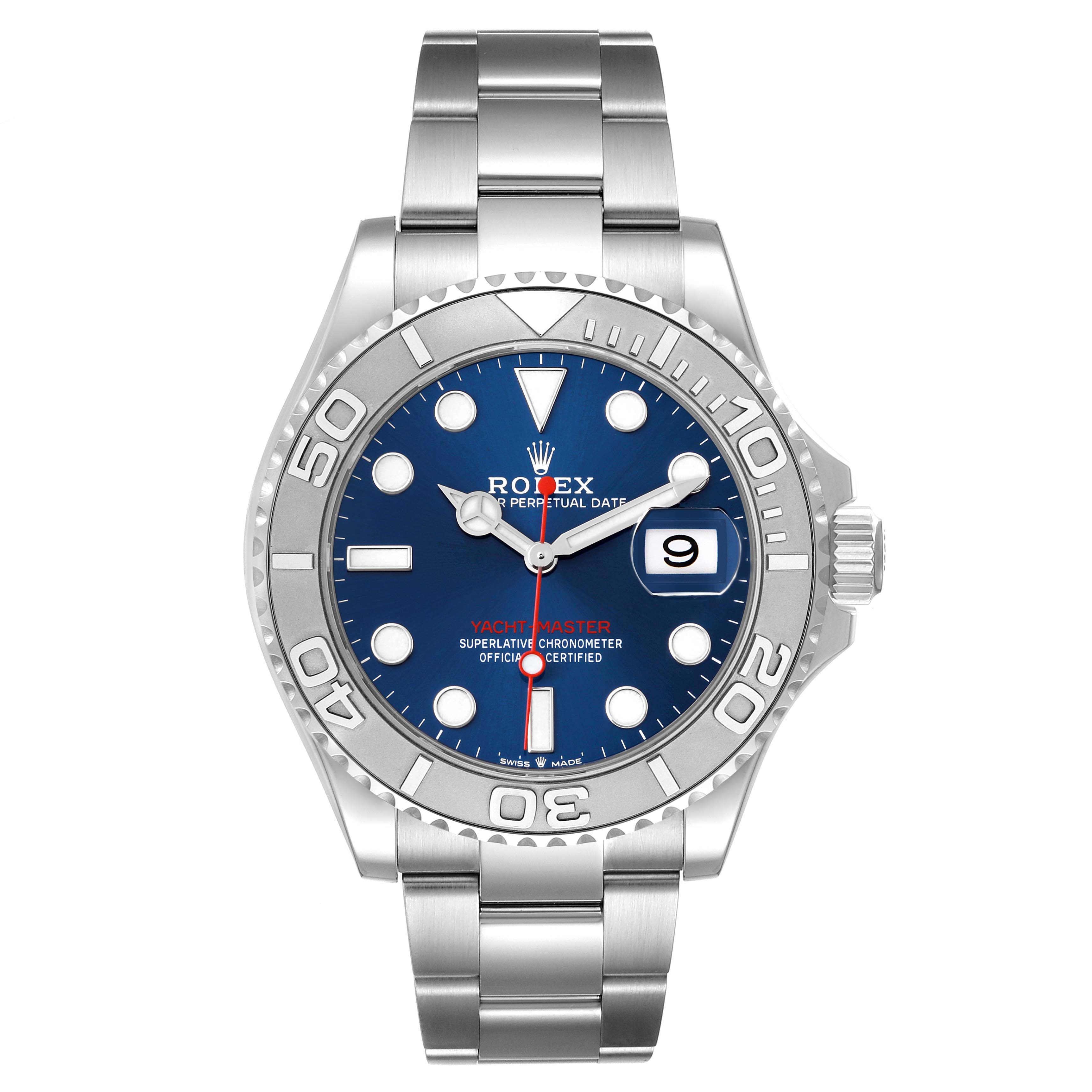 The image shows a front view of a Rolex Yacht-Master model 126622 men's watch, highlighting the face, bezel, bracelet, and crown.
