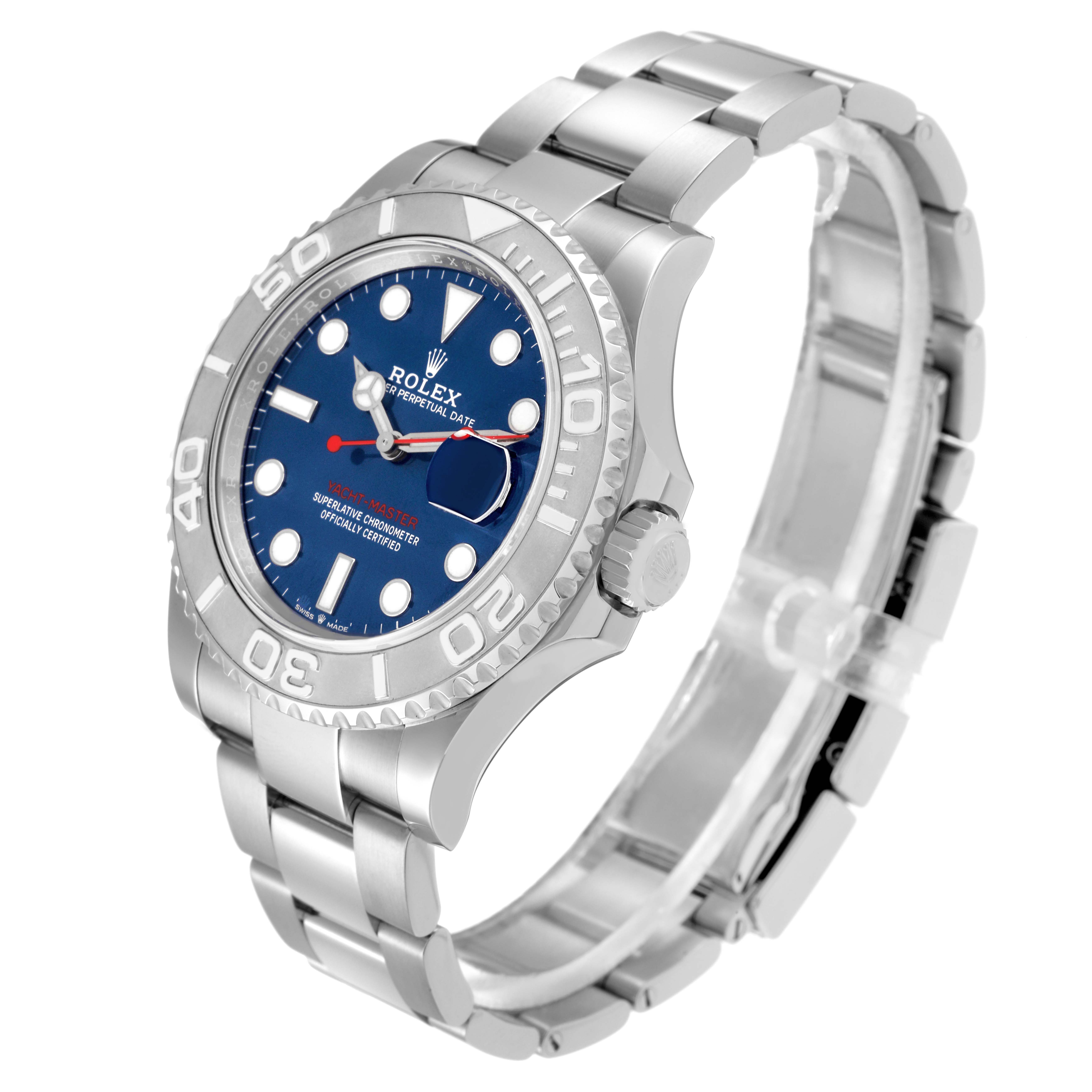 The Rolex Yacht-Master model 126622 is shown at a three-quarter angle, highlighting the blue dial, bezel, crown, and part of the metal bracelet.