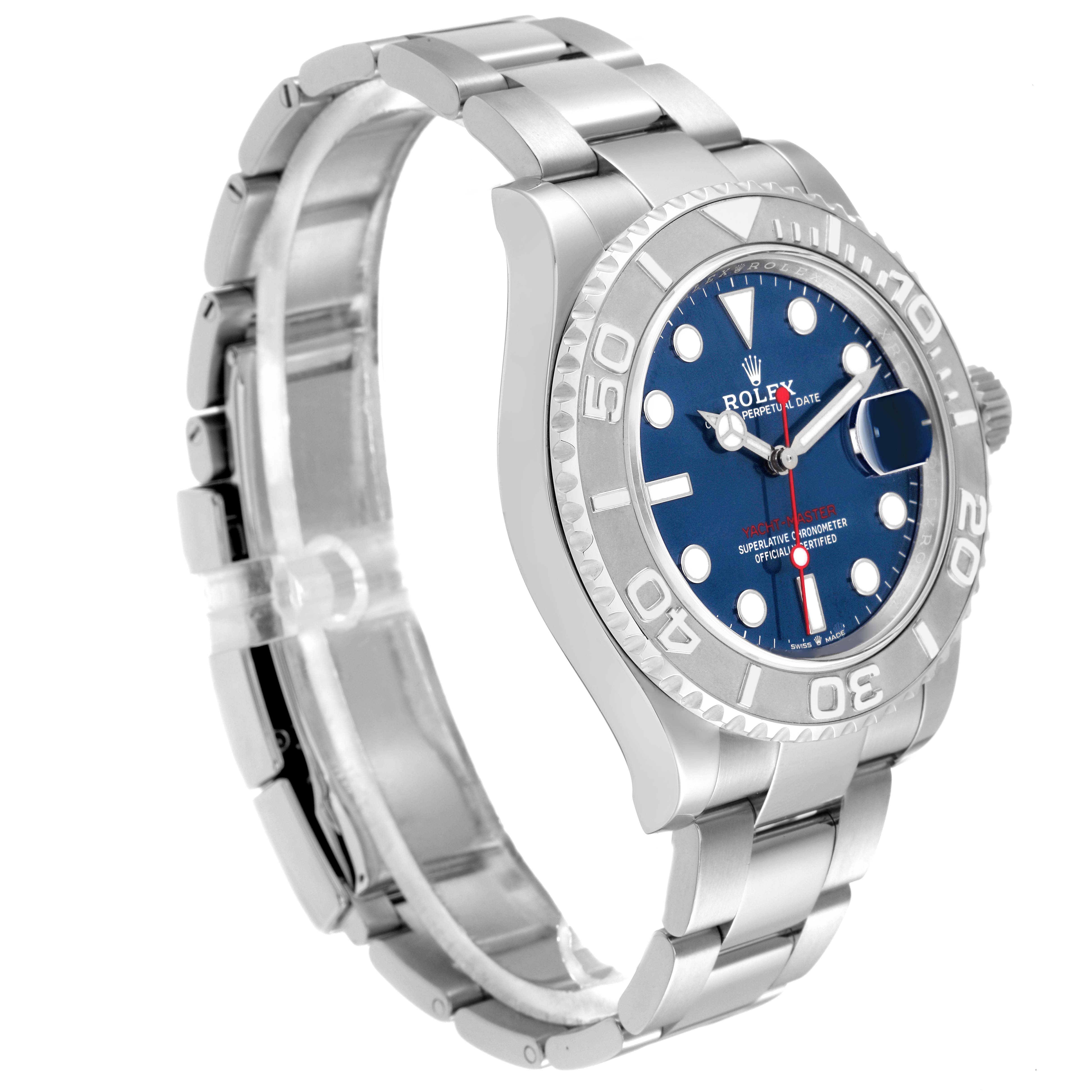 The Rolex Yacht-Master model 126622 is shown at a three-quarter angle, highlighting the blue dial, luminous markers, bezel, and stainless steel bracelet.