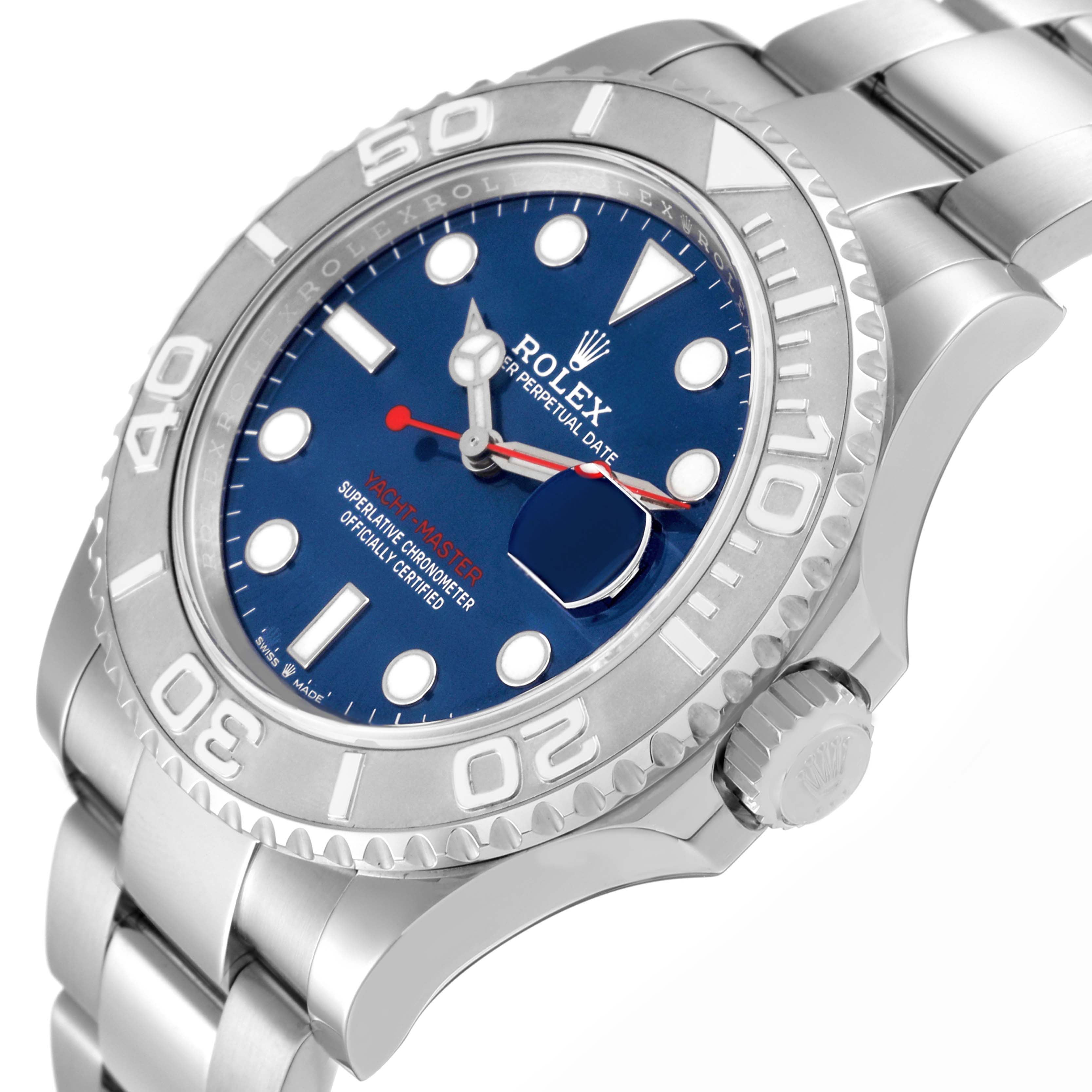 The Rolex Yacht-Master model 126622 is displayed at a three-quarter angle, showcasing the bezel, crown, blue dial, and part of the bracelet.