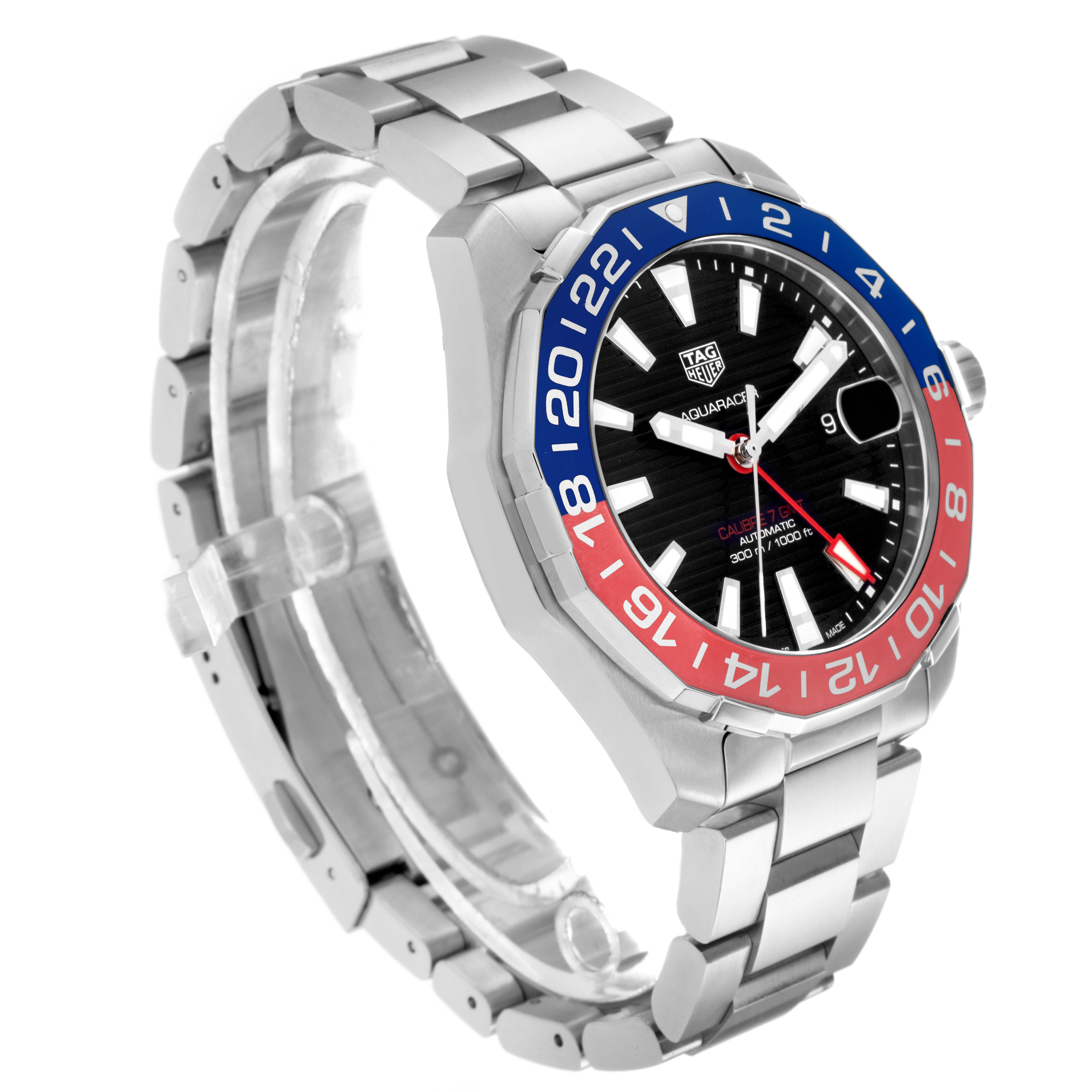 The image shows a TAG Heuer Aquaracer WAY201F men's watch at a 3/4 angle, highlighting the bezel, bracelet, and face.