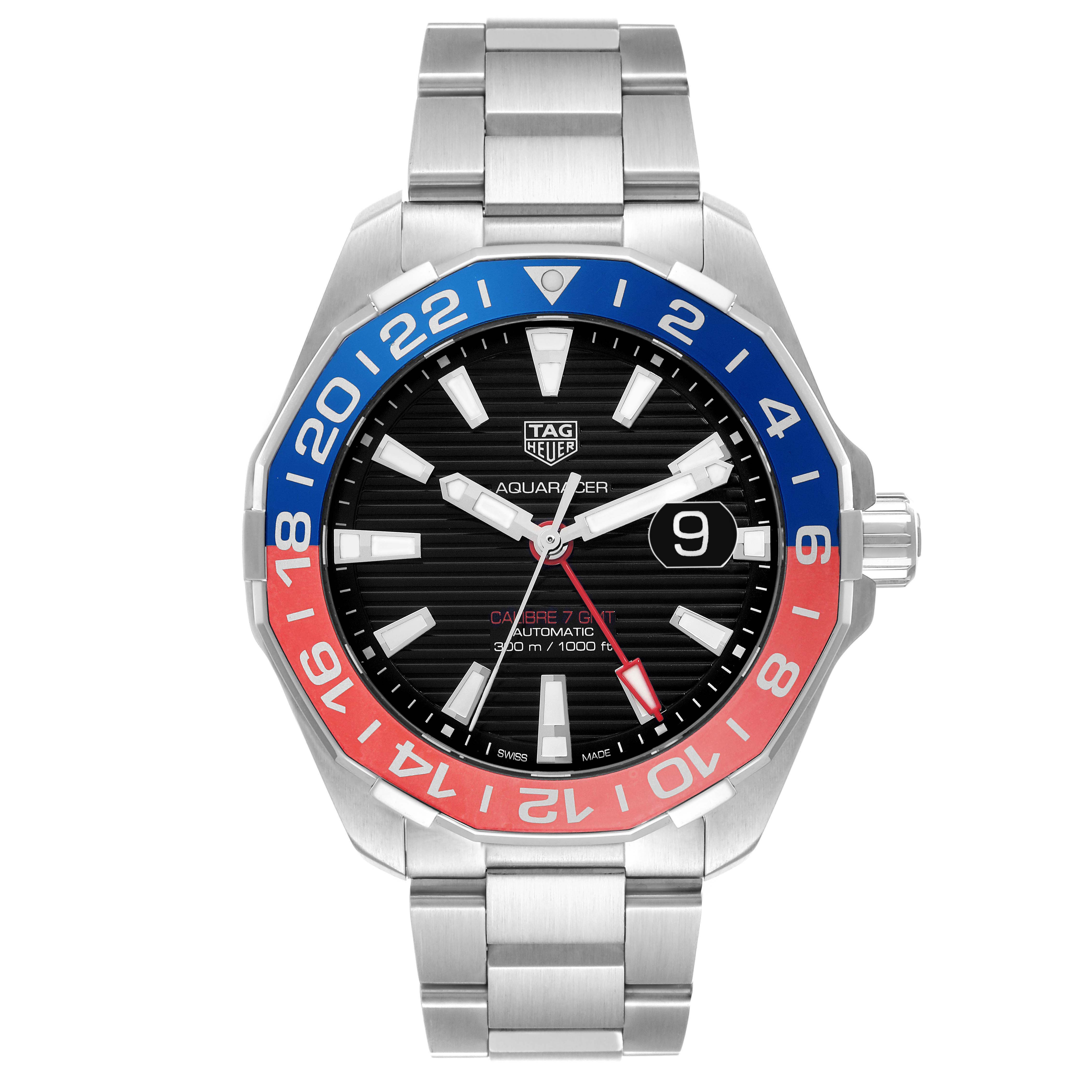 The image shows a frontal view of the TAG Heuer Aquaracer WAY201F men's watch, highlighting its two-tone bezel, black dial, and stainless steel bracelet.