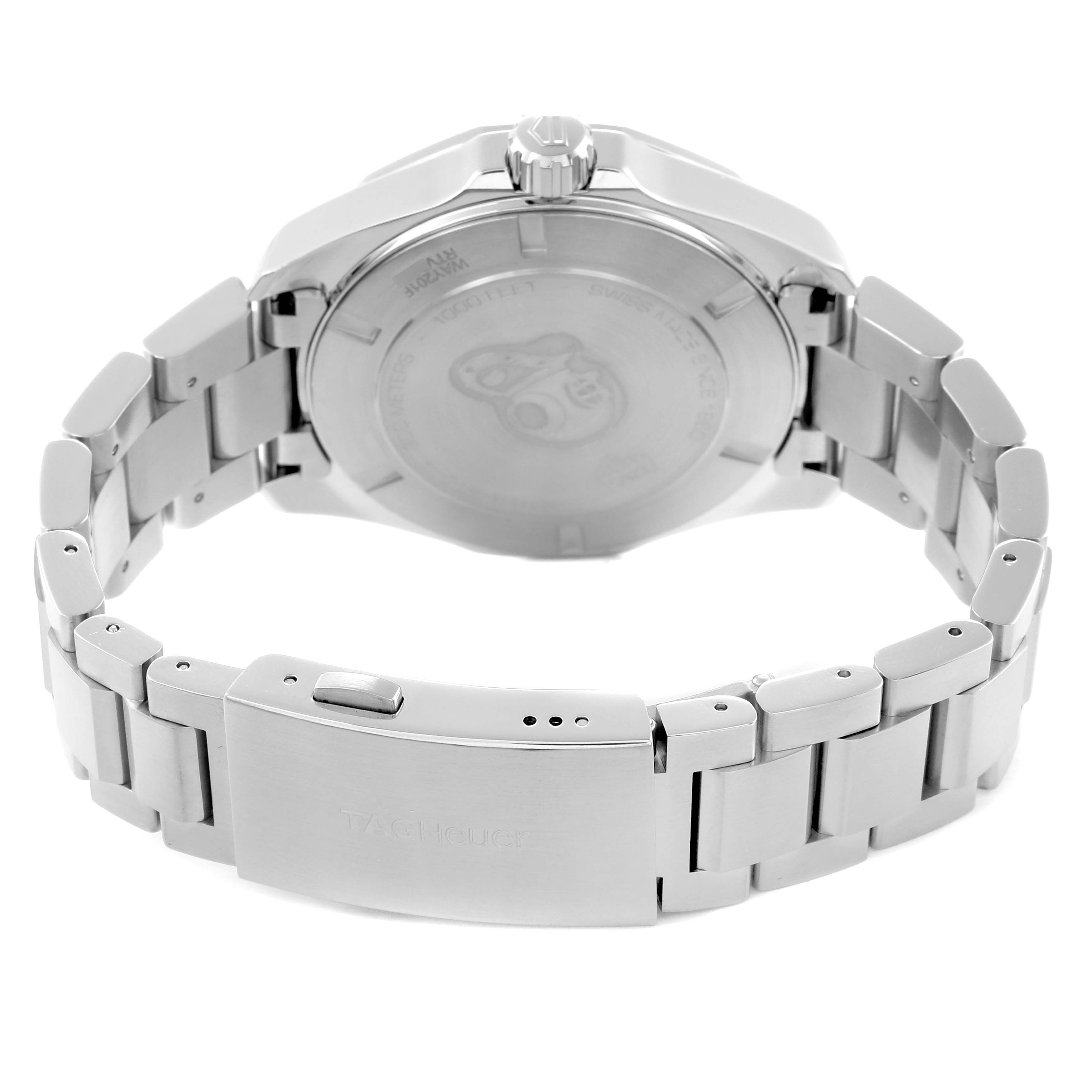 The image shows the back view of a Tag Heuer Aquaracer model WAY201F men's watch, featuring the case back, crown, and stainless steel bracelet with clasp.