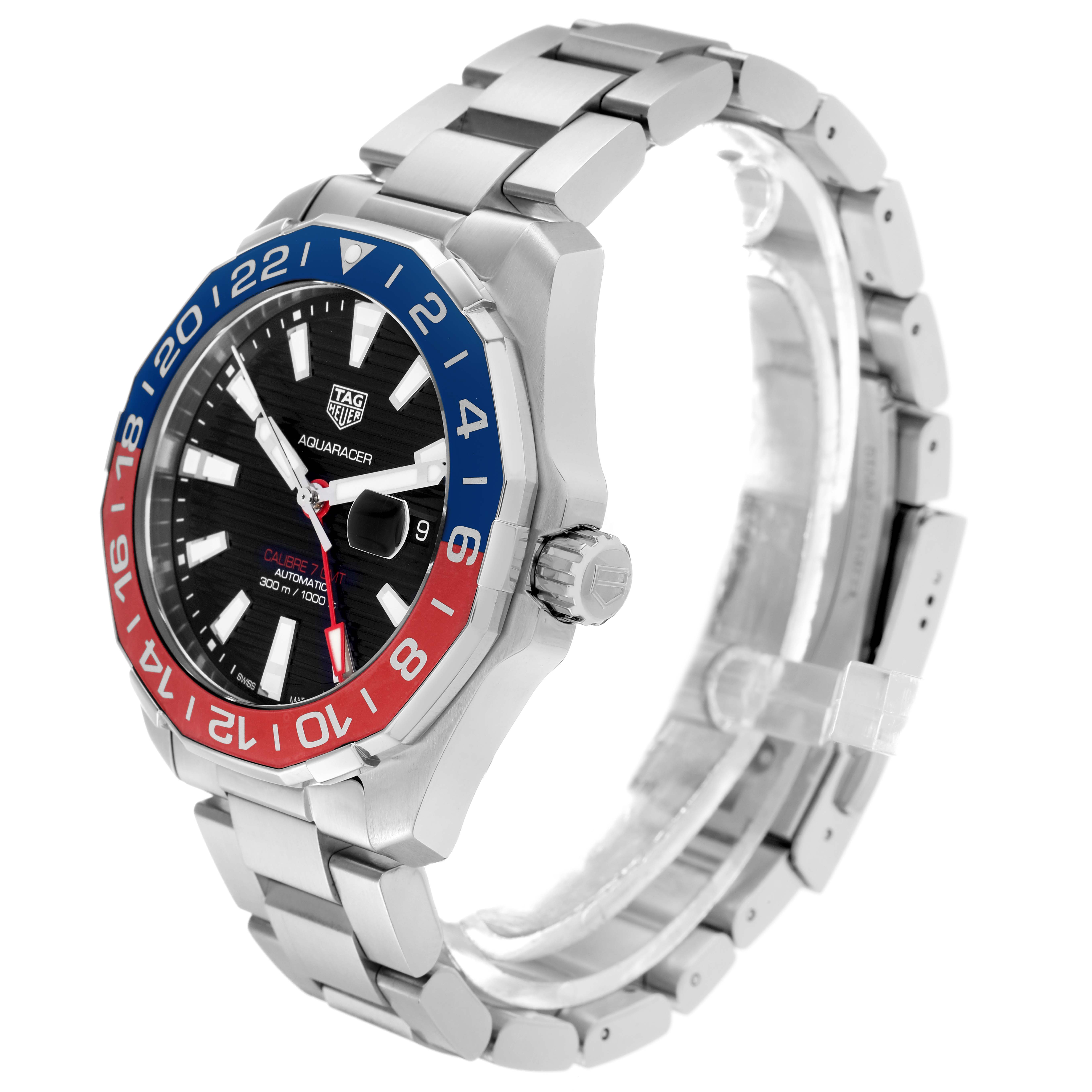 The image shows a Tag Heuer Aquaracer model WAY201F men's watch at a side angle, highlighting the bezel, dial, crown, and part of the bracelet.