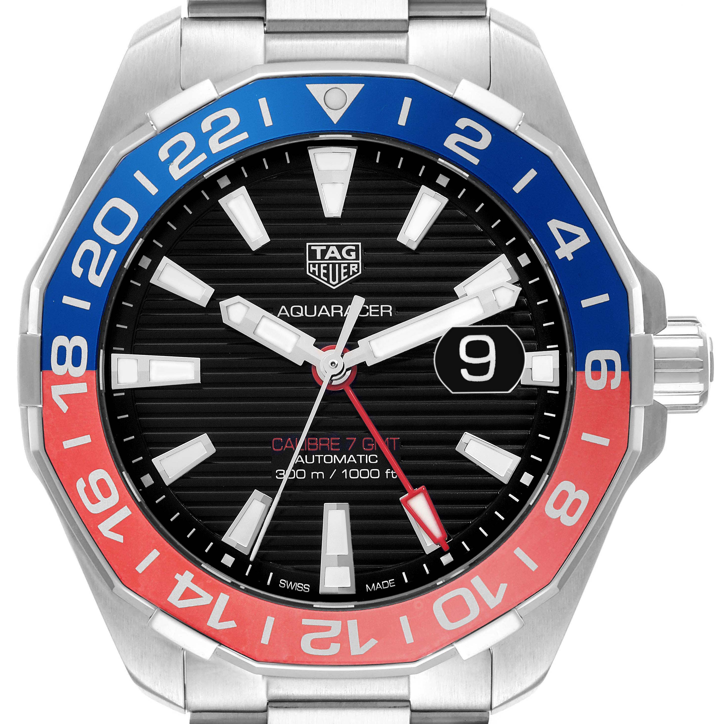 The image shows a frontal view of the Tag Heuer Aquaracer WAY201F men's watch, displaying its bezel, dial, hands, and date window clearly.