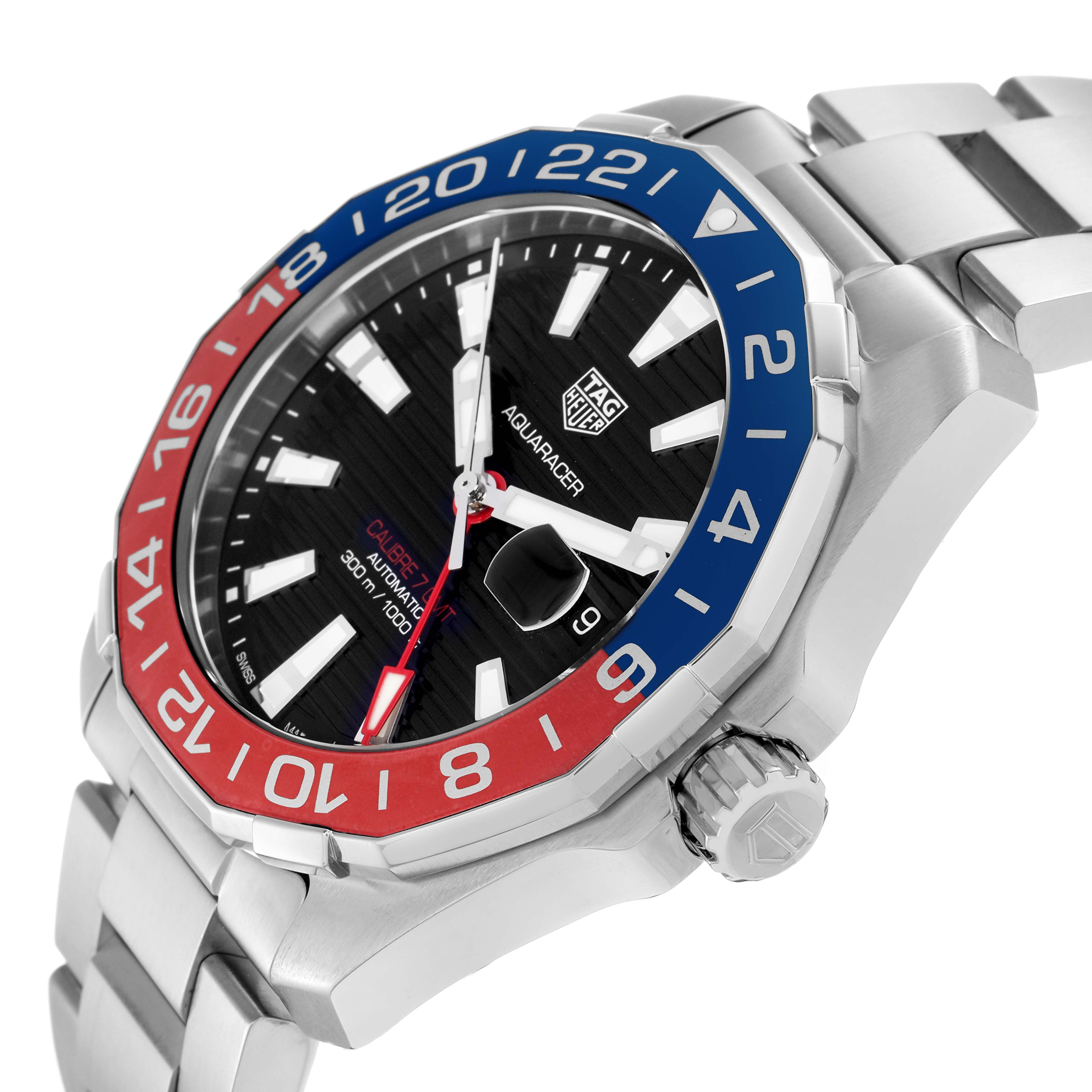 The image shows a TAG Heuer Aquaracer WAY201F men's watch at an angled close-up, highlighting the face, bezel, crown, and part of the metal bracelet.