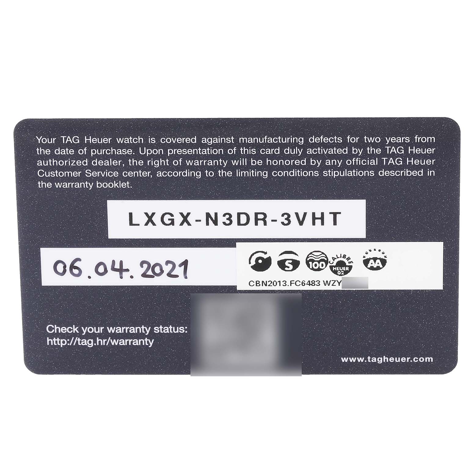 The image shows the warranty card for a Tag Heuer Carrera CBN2013 Men's Stainless Steel White Dial CBN2013 Men's Stainless Steel White Dial model watch, displaying a serial number and purchase date.