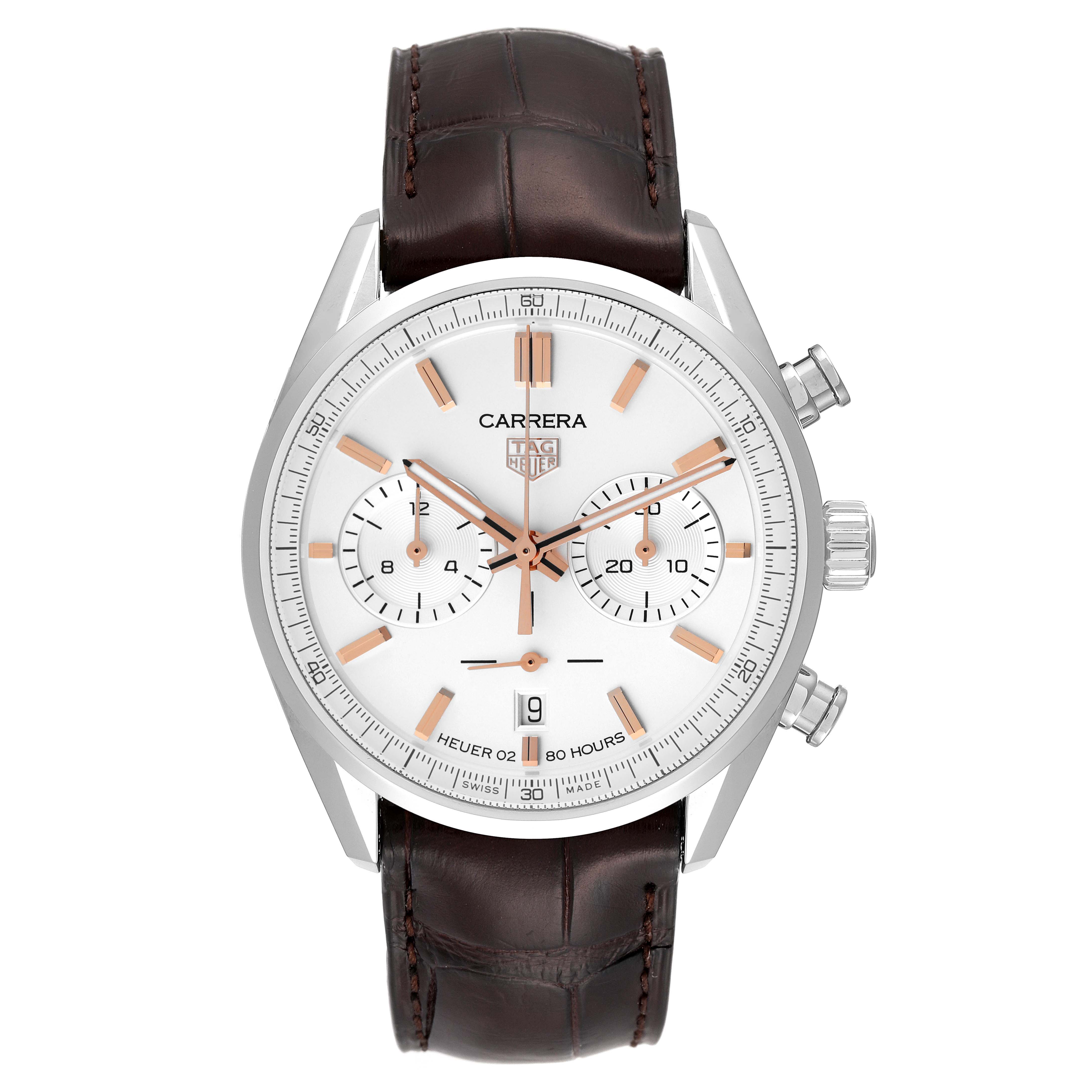 The image shows a front view of a Tag Heuer Carrera CBN2013 Men's Stainless Steel White Dial CBN2013 Men's Stainless Steel White Dial watch with a brown leather strap, a white dial, and three subdials.