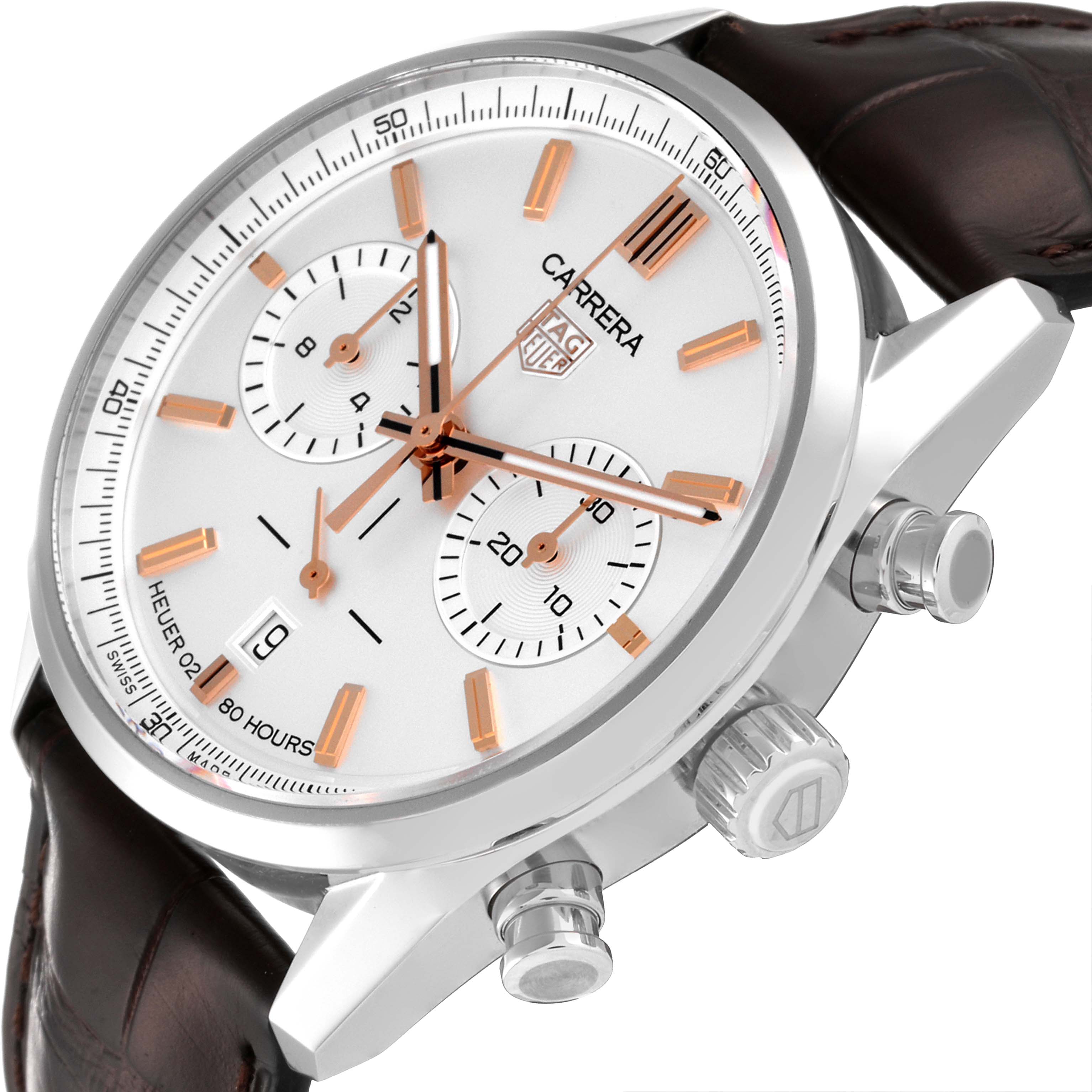 The image shows a Tag Heuer Carrera CBN2013 Men's Stainless Steel White Dial CBN2013 Men's Stainless Steel White Dial watch from an oblique angle, highlighting the dial, subdials, crown, and brown strap.