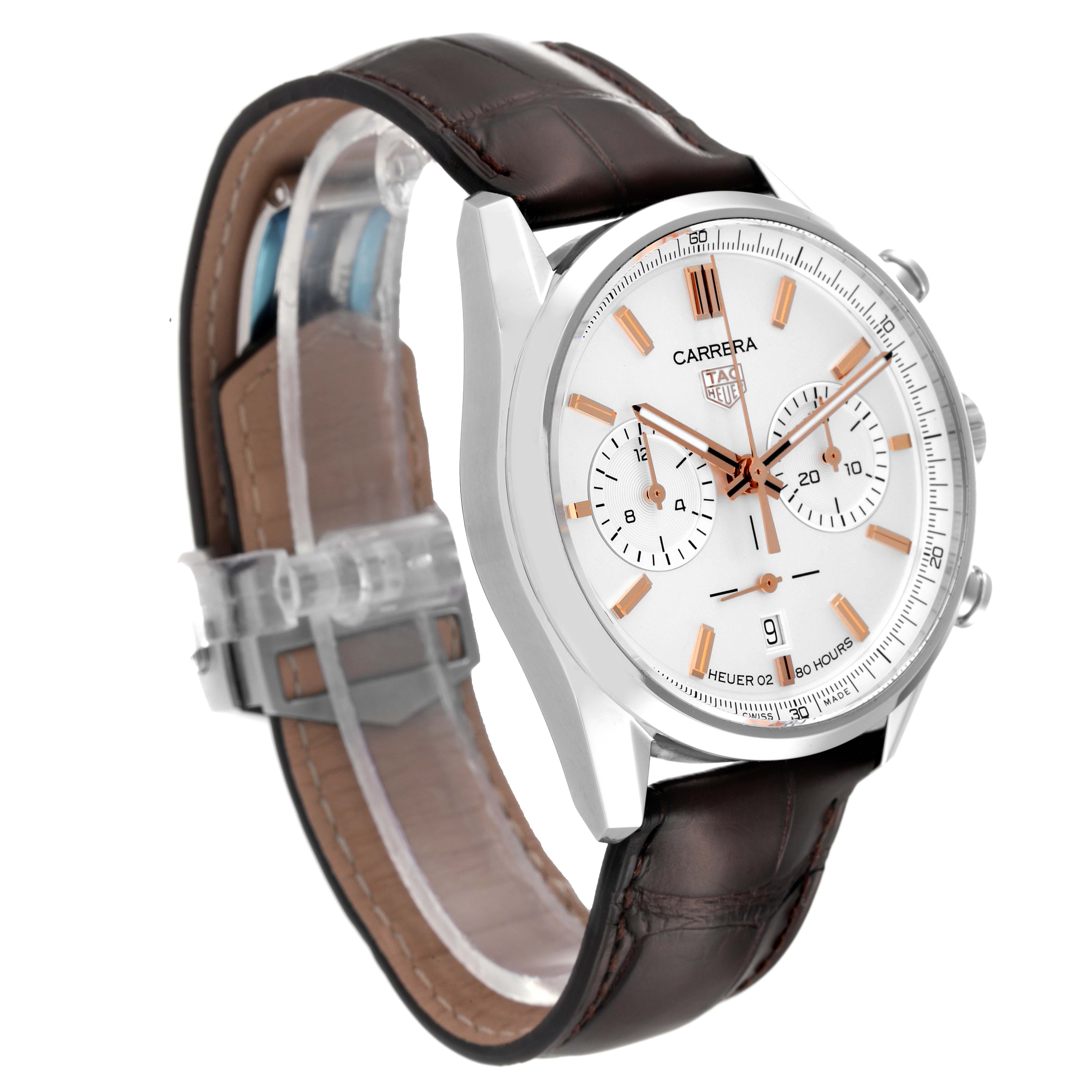 The image shows a side angle of the Tag Heuer Carrera CBN2013 Men's Stainless Steel White Dial CBN2013 Men's Stainless Steel White Dial watch featuring its face, bezel, crown, and leather strap.