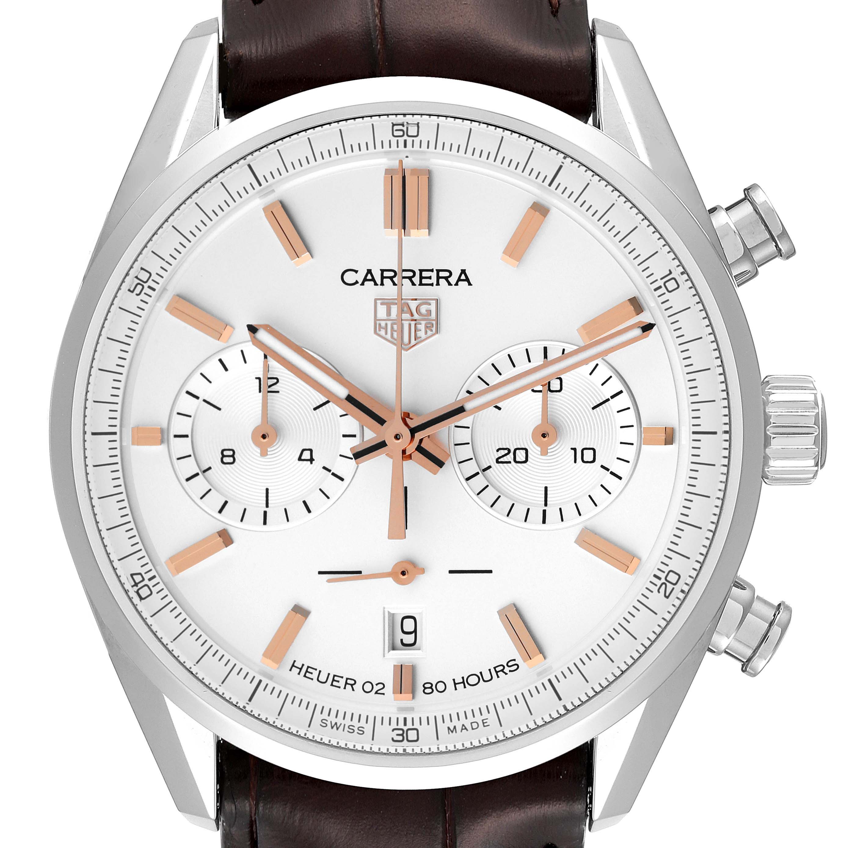 The image shows a front view of the Carrera model by Tag Heuer, highlighting the dial, subdials, and crown.