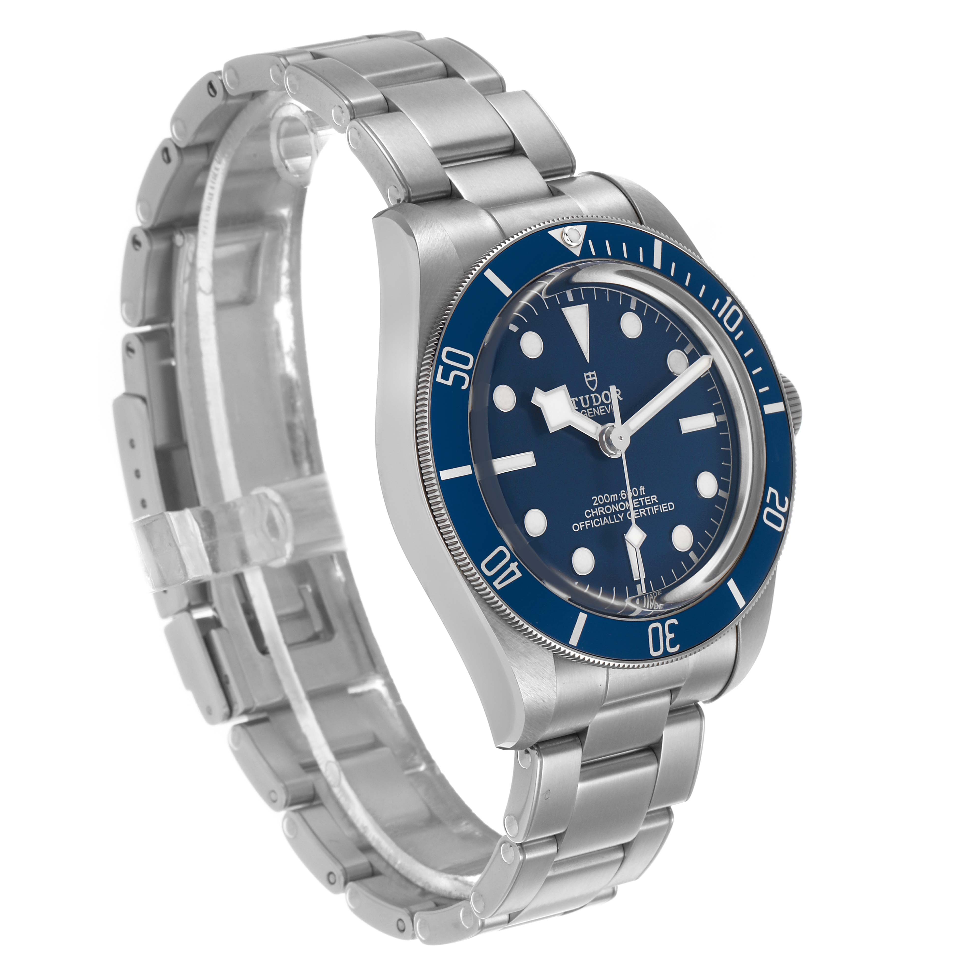 The Tudor Heritage Black Bay 79030B Men's Stainless Steel Blue Dial watch is shown at a slight angle, displaying the face, bezel, crown, and bracelet.