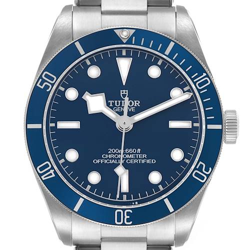 The image shows a front view of the Tudor Heritage Black Bay 79030B Men's Stainless Steel Blue Dial watch, highlighting its blue dial and silver hands.