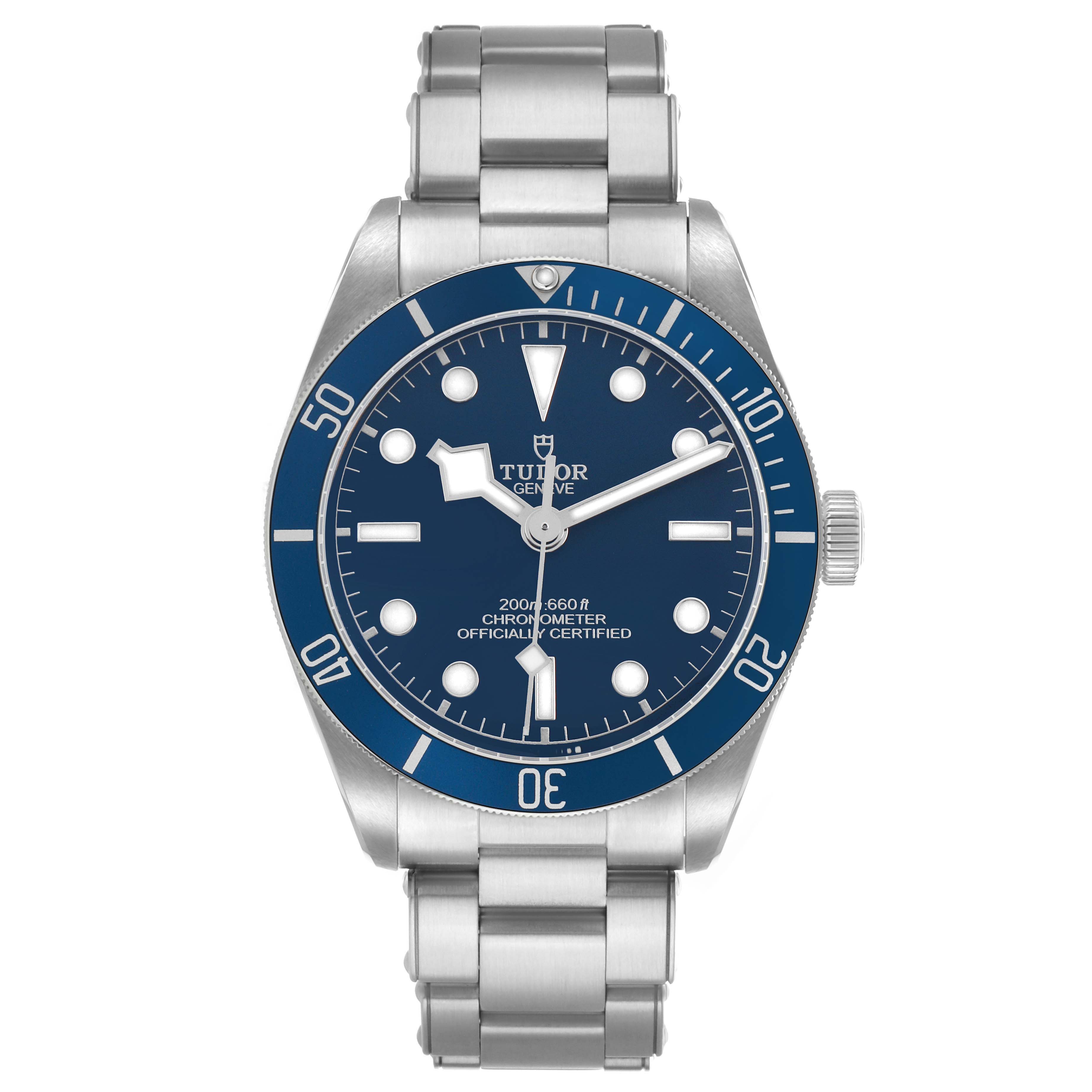 The Tudor Heritage Black Bay 79030B Men's Stainless Steel Blue Dial watch is shown from the front, displaying its dial, bezel, and bracelet.