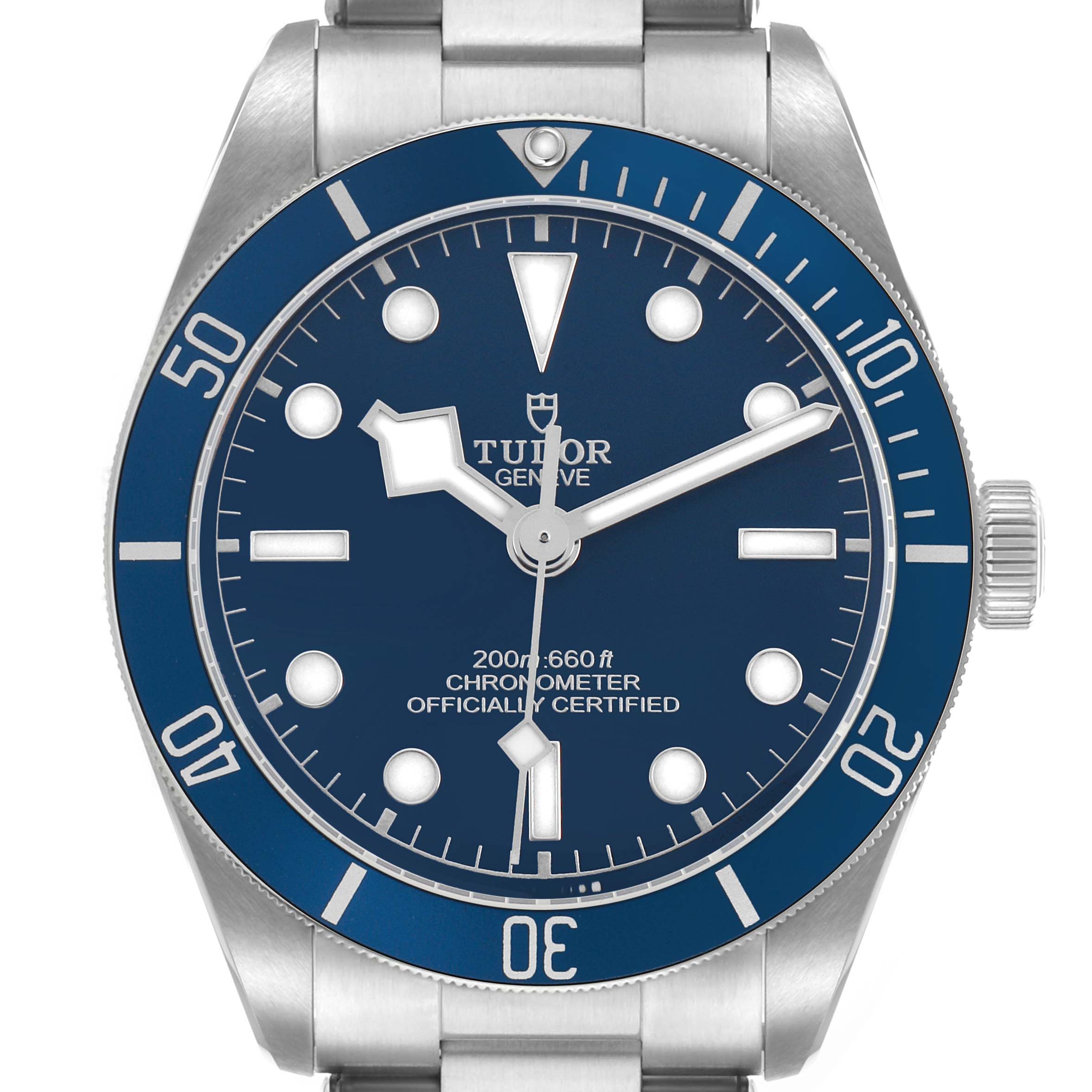 The Tudor Heritage Black Bay 79030B Men's Stainless Steel Blue Dial watch is shown from the front, highlighting its blue dial, bezel, and complete bracelet.
