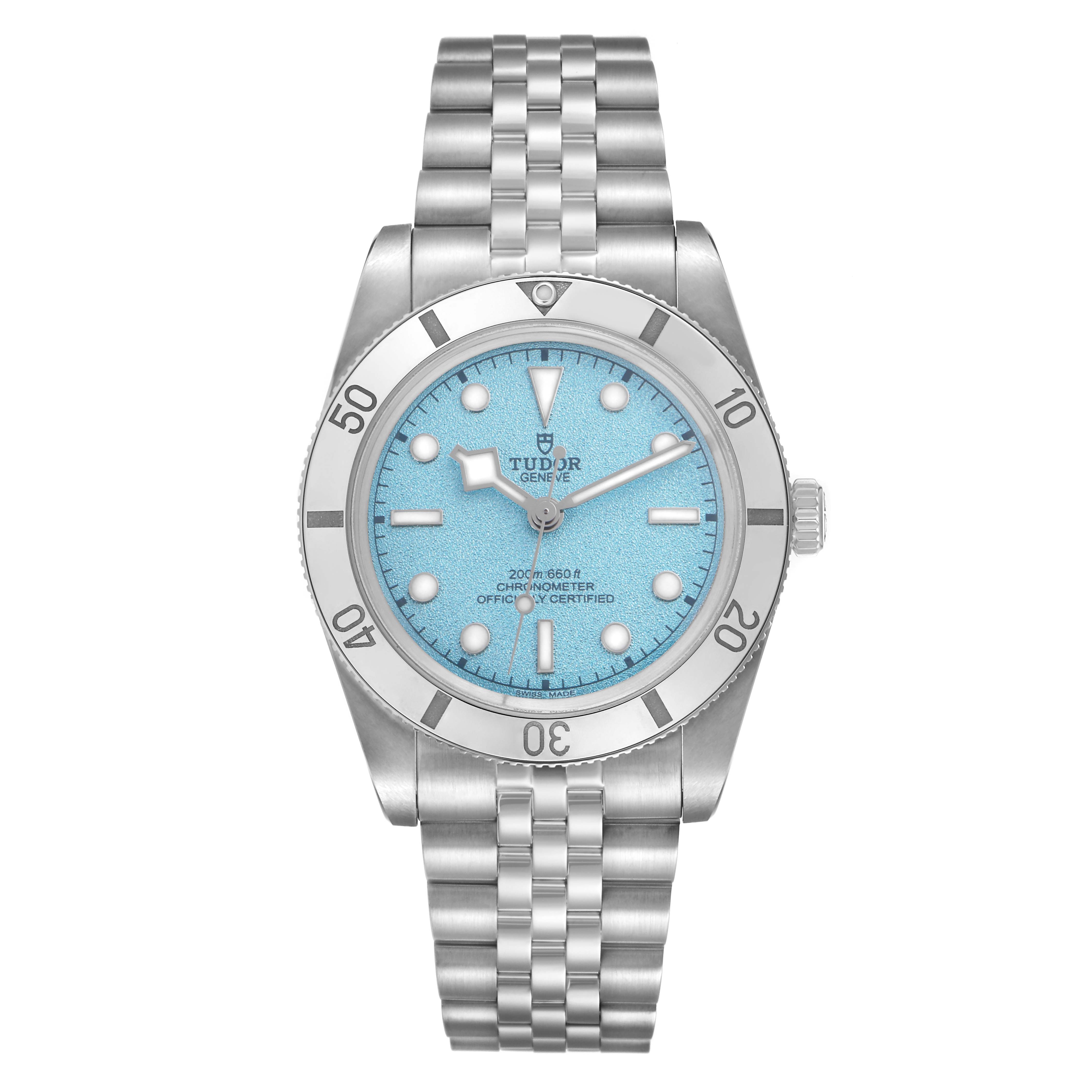 The Tudor Heritage Black Bay model 79000 men's watch is shown from a top-down angle, displaying its face, bezel, and bracelet.