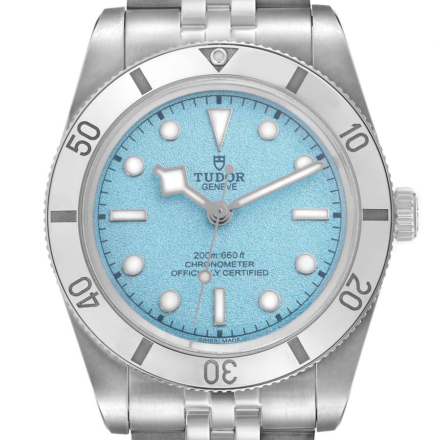The image shows a front angle of the Tudor Heritage Black Bay model 79000 men's watch, featuring the dial, bezel, and part of the bracelet.